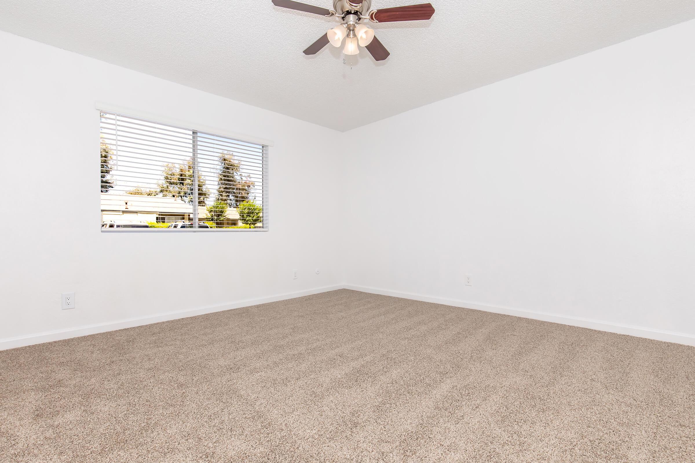An empty room with beige carpet flooring, white walls, and a ceiling fan with three light bulbs. A window with horizontal blinds allows natural light in, revealing greenery outside. The space appears bright and airy, perfect for personal customization.