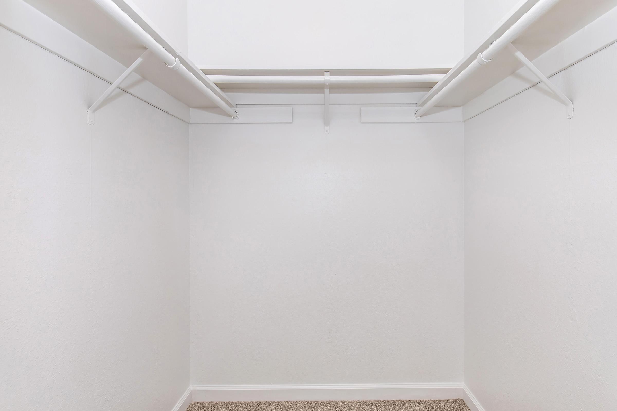 Empty closet with white walls and two horizontal hanging rods. The floor is carpeted, and there are no shelves or visible items, creating a clean and minimalist appearance.