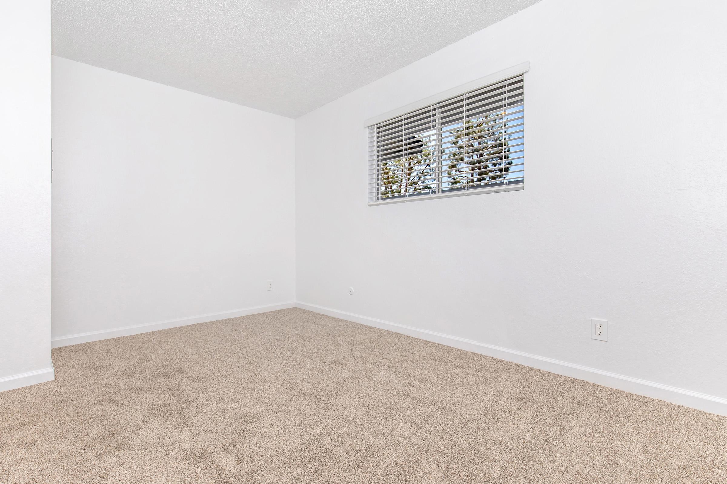 Empty room with light beige carpet, white walls, and a window with blinds. Natural light filters in through the window, illuminating the space. The area is uncluttered and spacious, suitable for various purposes such as a living area or office.