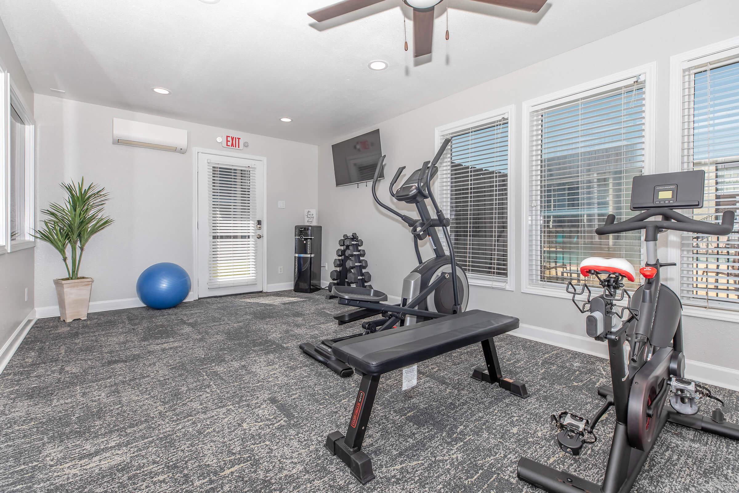 A bright and modern home gym featuring exercise equipment including a bench, elliptical machine, and stationary bike. The room has large windows providing natural light, a blue fitness ball, and a potted plant. The walls are light-colored with a textured carpeted floor.