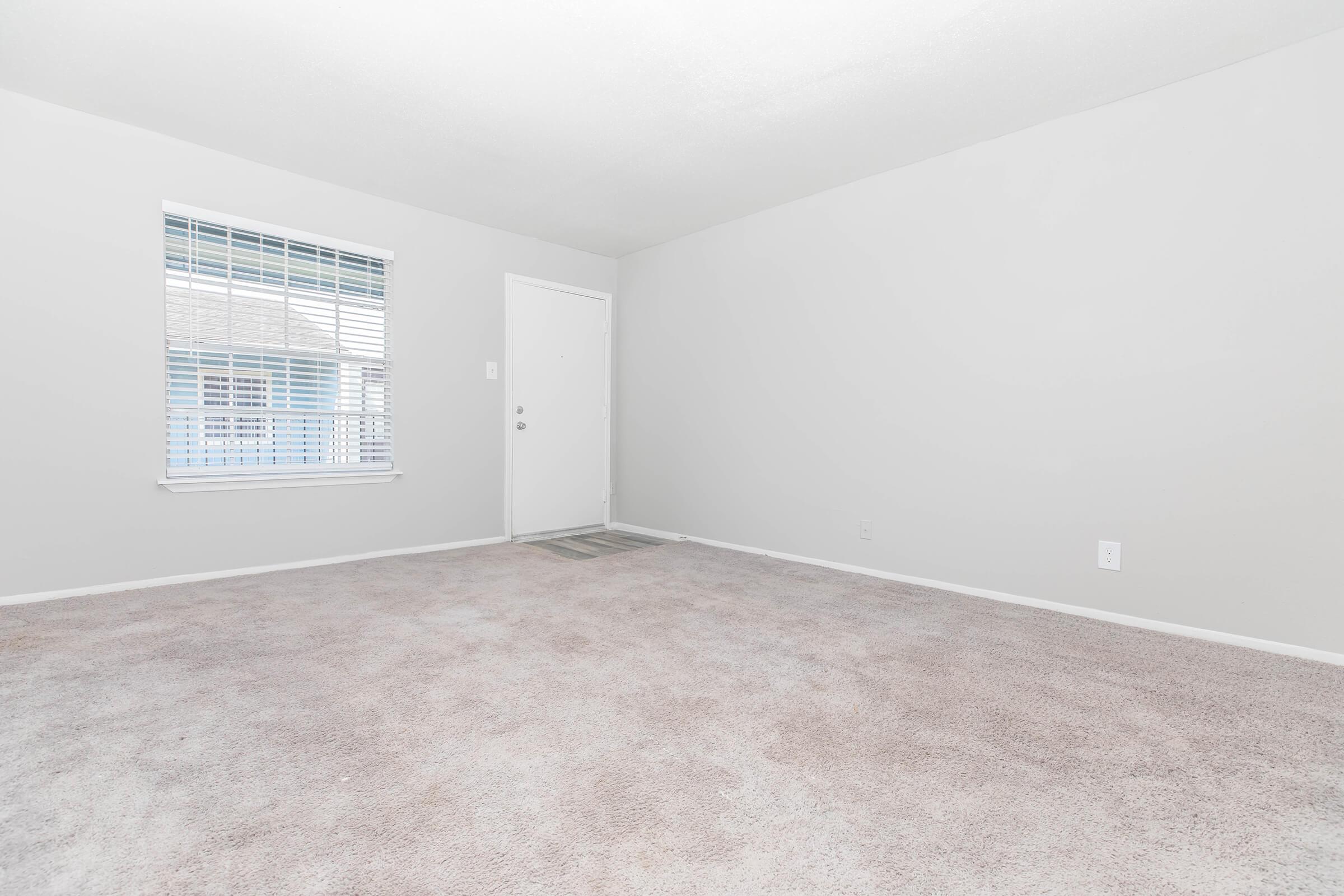 Empty room with light gray walls and beige carpet. A window with blinds is on the left side, and a white door is centered on the far wall. The room appears spacious and well-lit, with no furniture or decorations present.