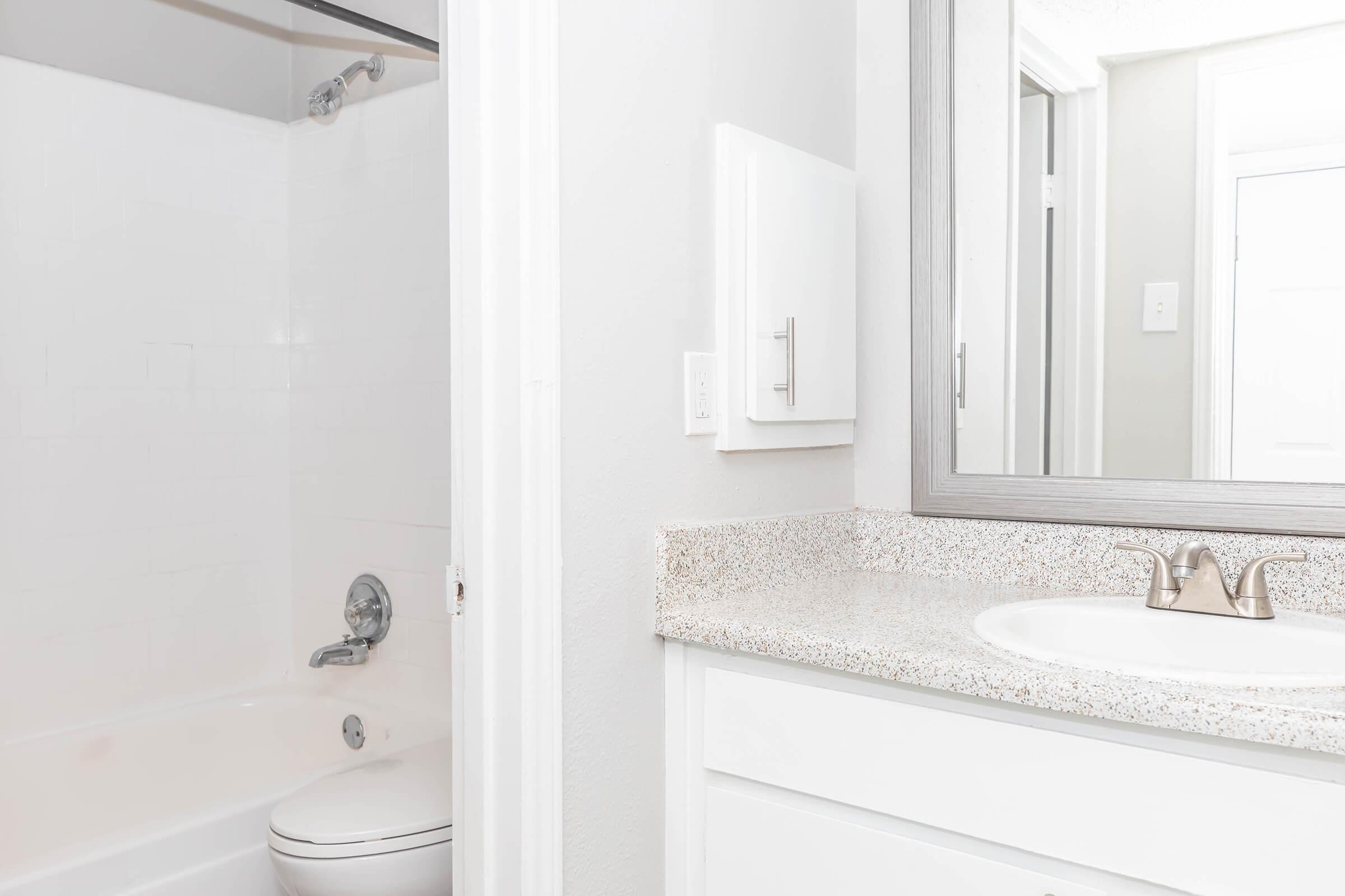 A clean, modern bathroom featuring a bathtub with a showerhead, a white toilet, a sink with a granite countertop, and a large mirror. Light gray walls and a door leading to another room can be seen in the background.