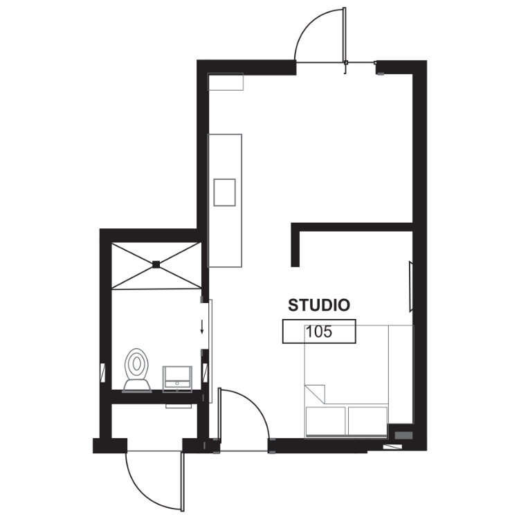 MS - Private Studio, a studio 1 bathroom floor plan. for unit 105