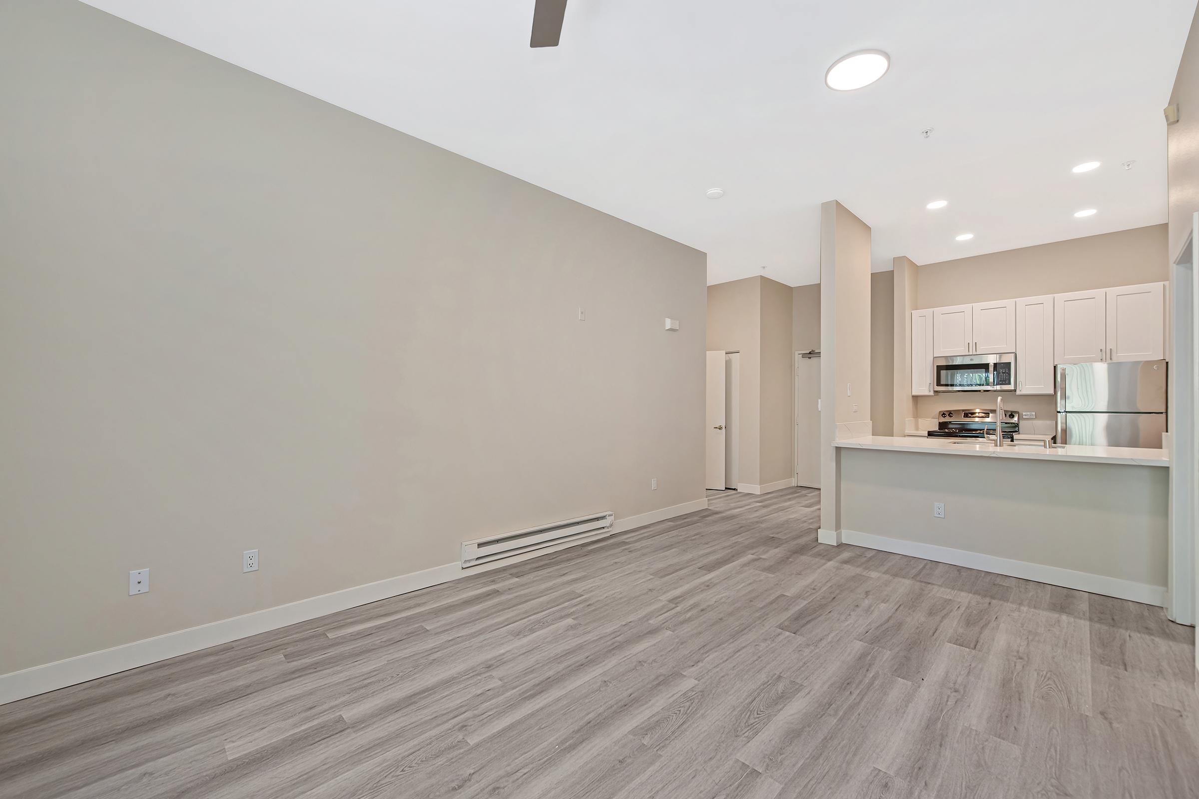 A spacious, modern living area with light gray walls and laminate flooring. The kitchen is visible in the background, featuring white cabinets and stainless steel appliances. A ceiling fan hangs above, and there is ample natural light. The layout is open, creating a welcoming atmosphere.