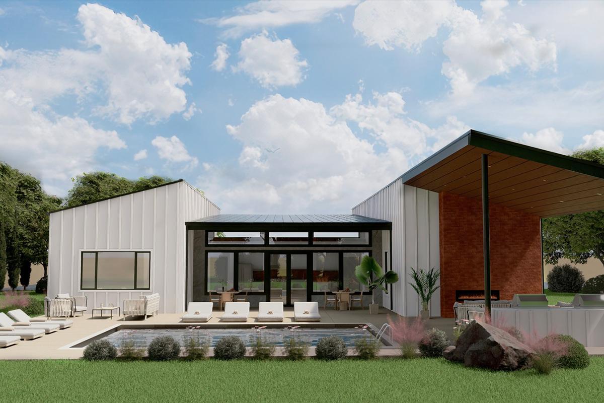 A modern architectural rendering of a house featuring a flat-roofed design with large glass doors, surrounded by greenery. In the foreground, there is a swimming pool and lounge chairs. The backdrop includes a clear blue sky with fluffy clouds and trees lining the property.