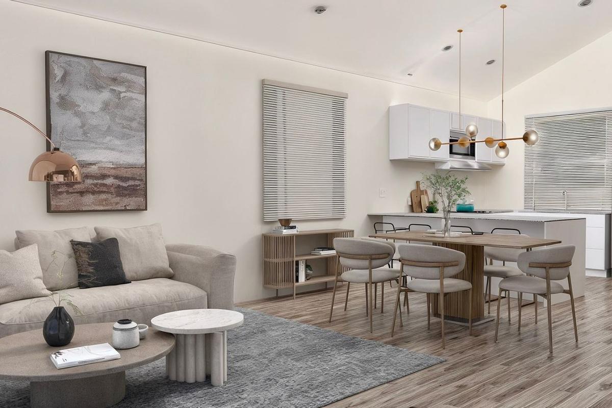 A modern living space featuring a cozy sofa and a round coffee table on a textured rug. A dining area includes a wooden table surrounded by stylish chairs. The room is illuminated by pendant lights and large windows with blinds, showcasing a contemporary aesthetic with neutral colors and minimalist decor.