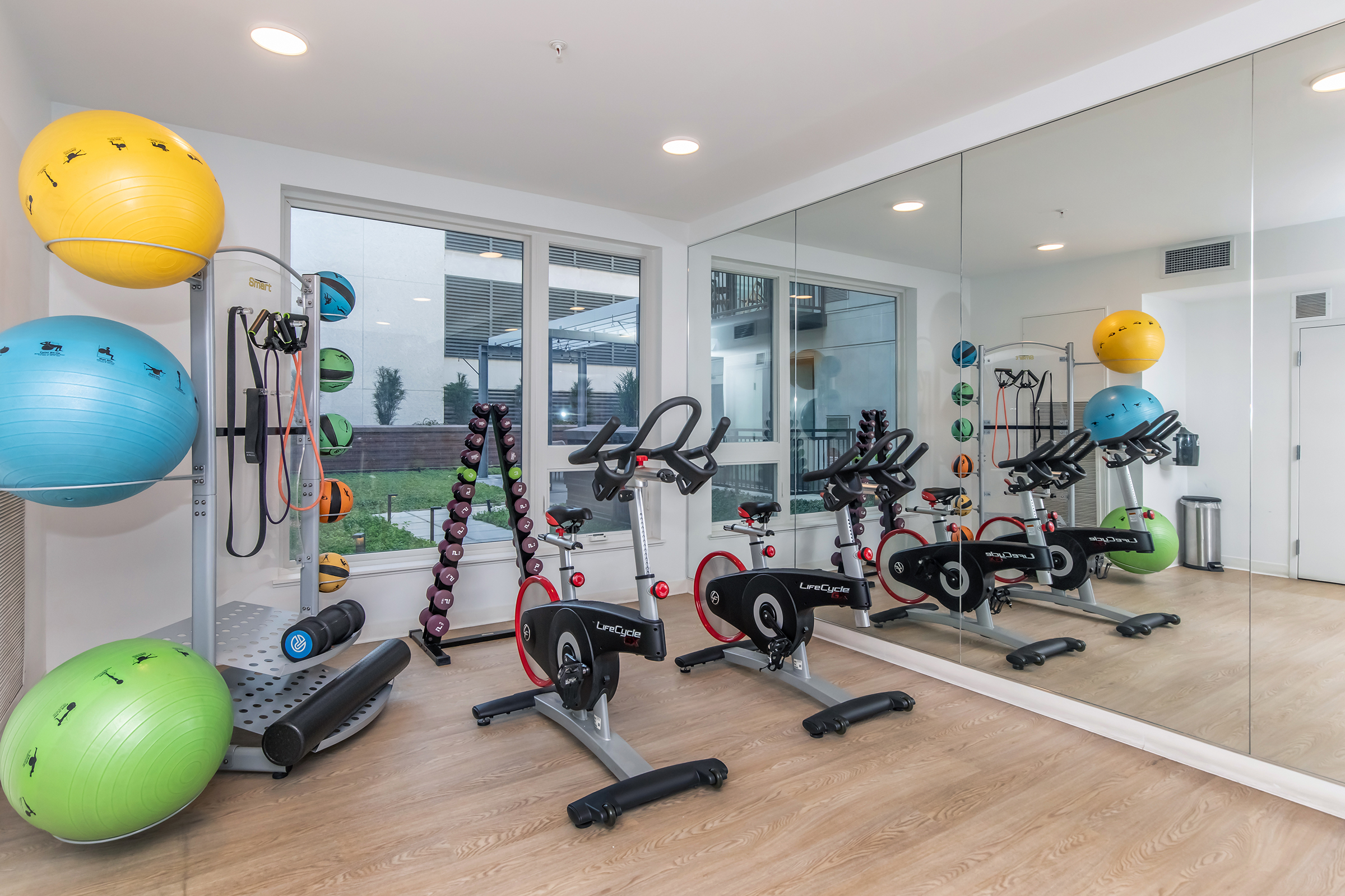 A modern fitness studio featuring exercise bikes, stability balls, resistance bands, and free weights. The space is bright with large windows and mirrors, creating an inviting atmosphere for workouts.