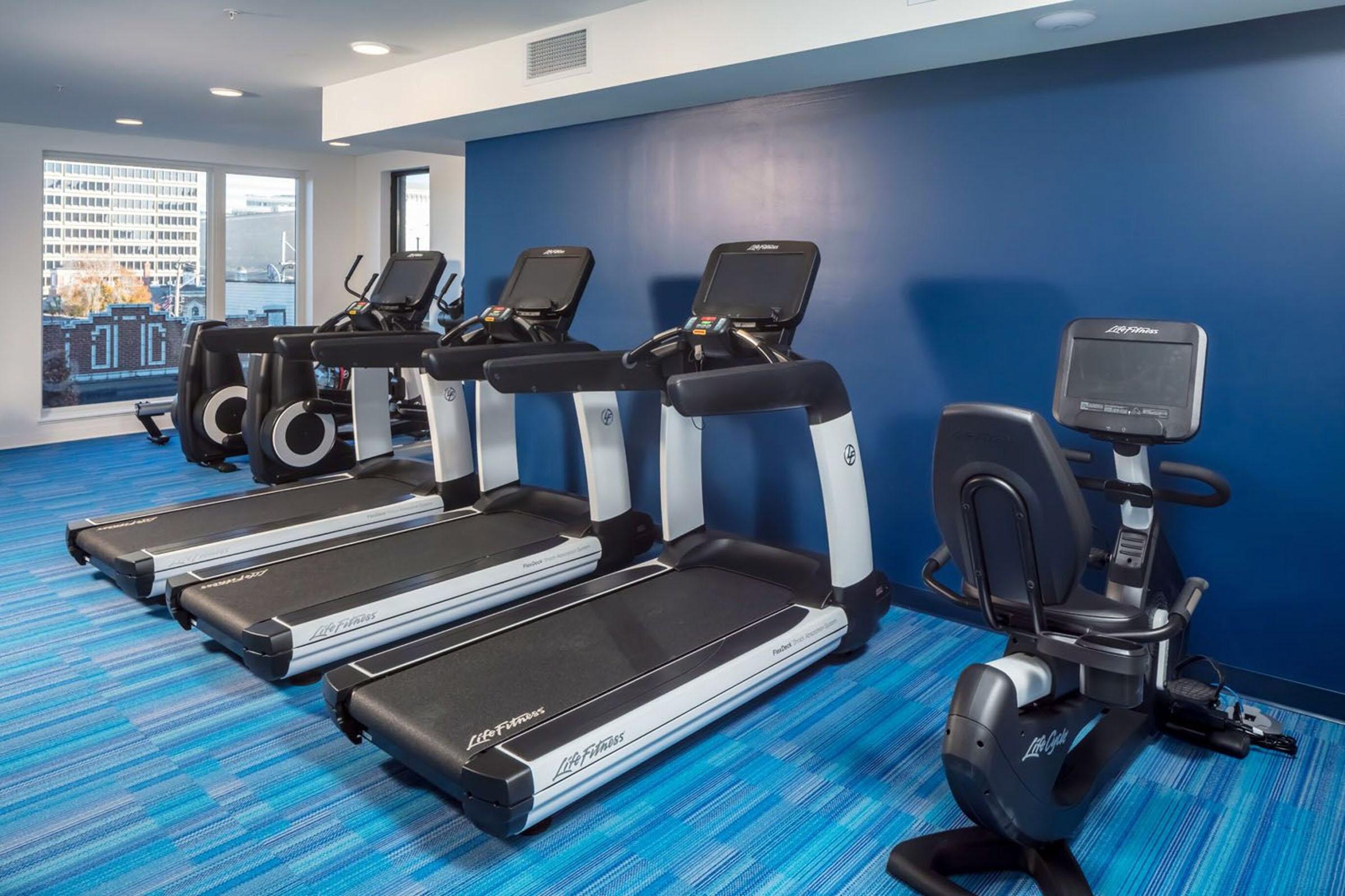 A modern fitness room featuring three treadmills and a stationary bike, arranged against a blue wall. The floor is covered with blue and gray stripes, and large windows provide natural light to the space.