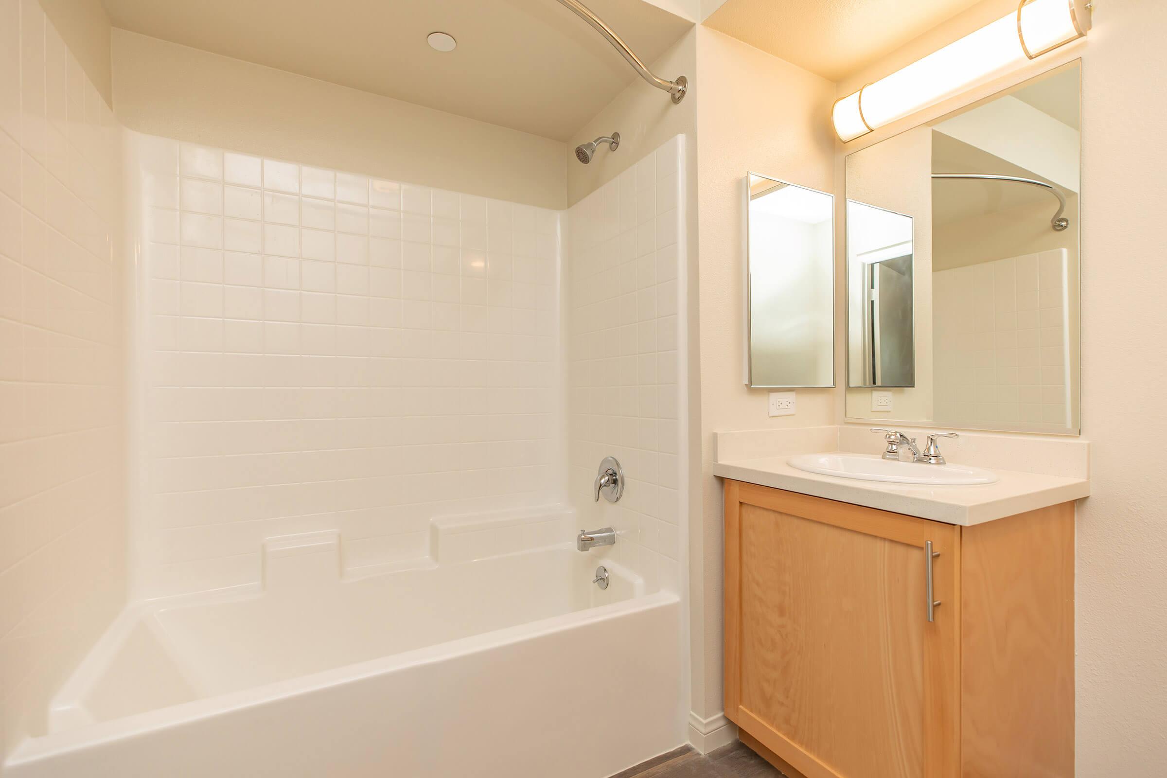 a shower that has a sink and a mirror