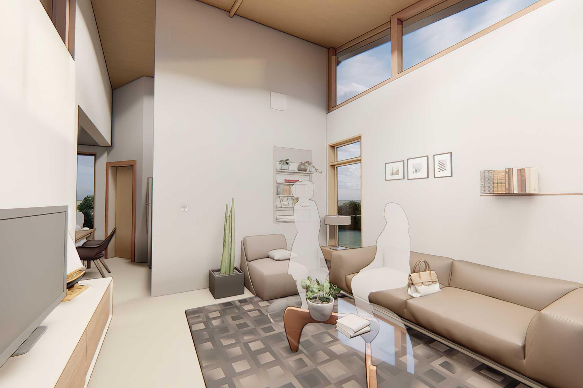 A modern living room featuring large windows, minimalist furniture, and a neutral color palette.