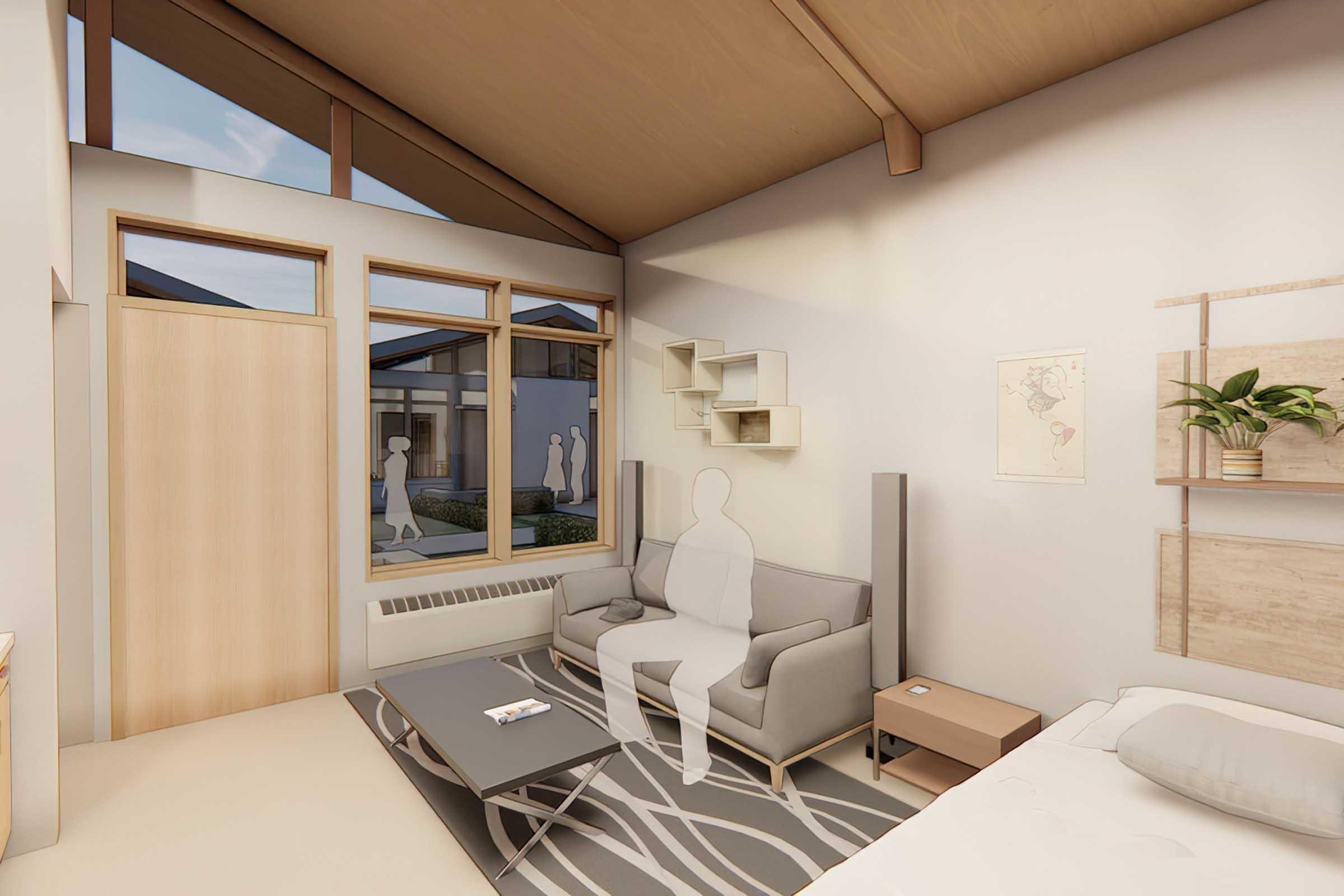 A modern, minimalistic living room featuring a couch, coffee table, and a side table