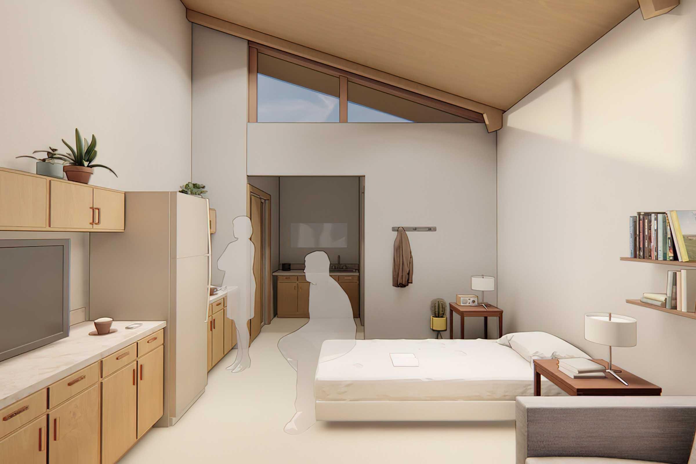A minimalist bedroom design featuring light wood furnishings, a bed with no bedding, a large window allowing natural light, and an open layout.