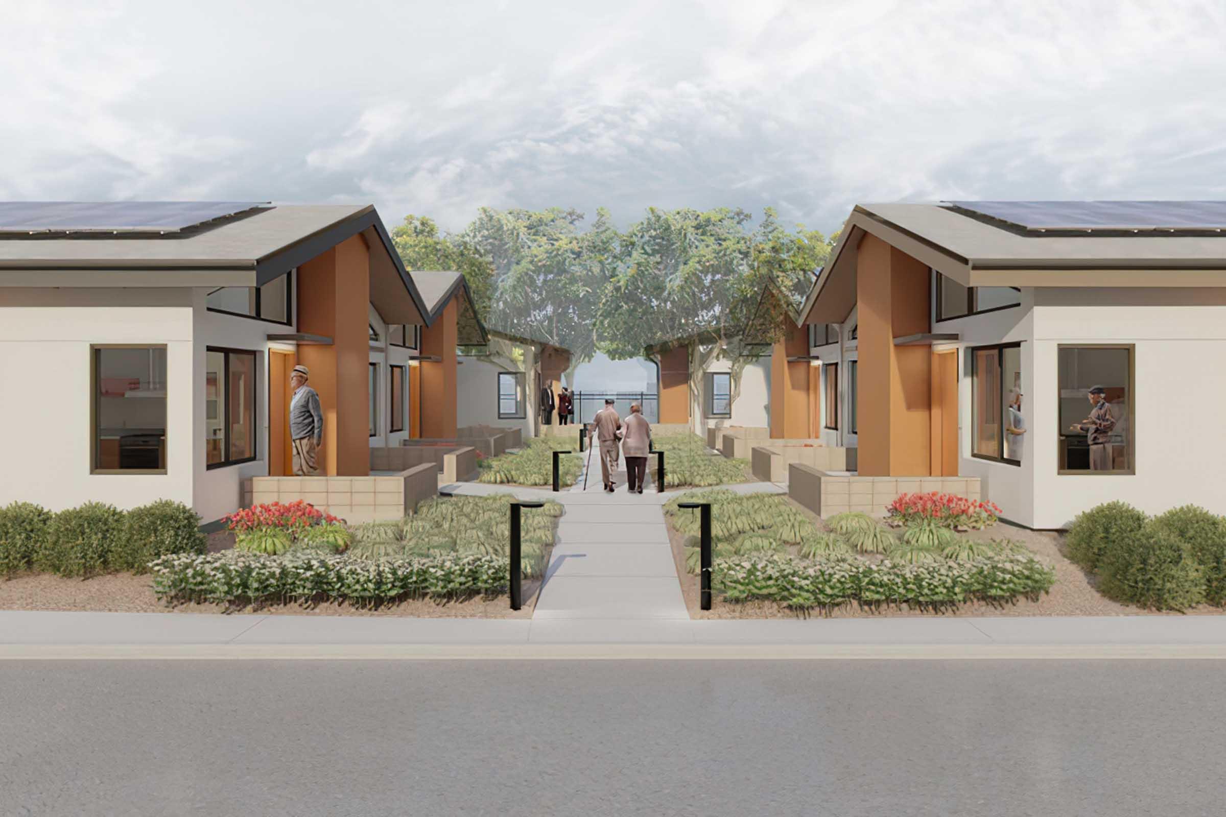 A digital rendering featuring a row of modern, sustainable houses with solar panels on the roofs. In the foreground, a couple walks hand-in-hand along a pathway between the homes, while other individuals can be seen near the front of their houses.