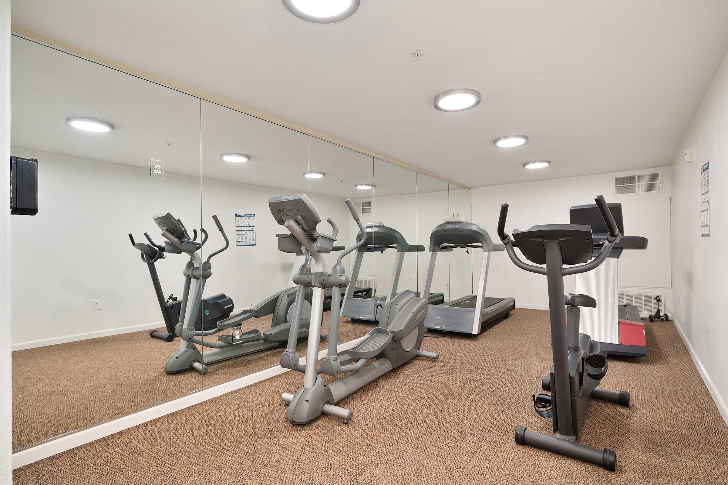 A small gym area featuring two treadmills and an elliptical machine. The space has a mirrored wall, neutral wall colors, and carpeted flooring, creating a bright and spacious environment for exercise.
