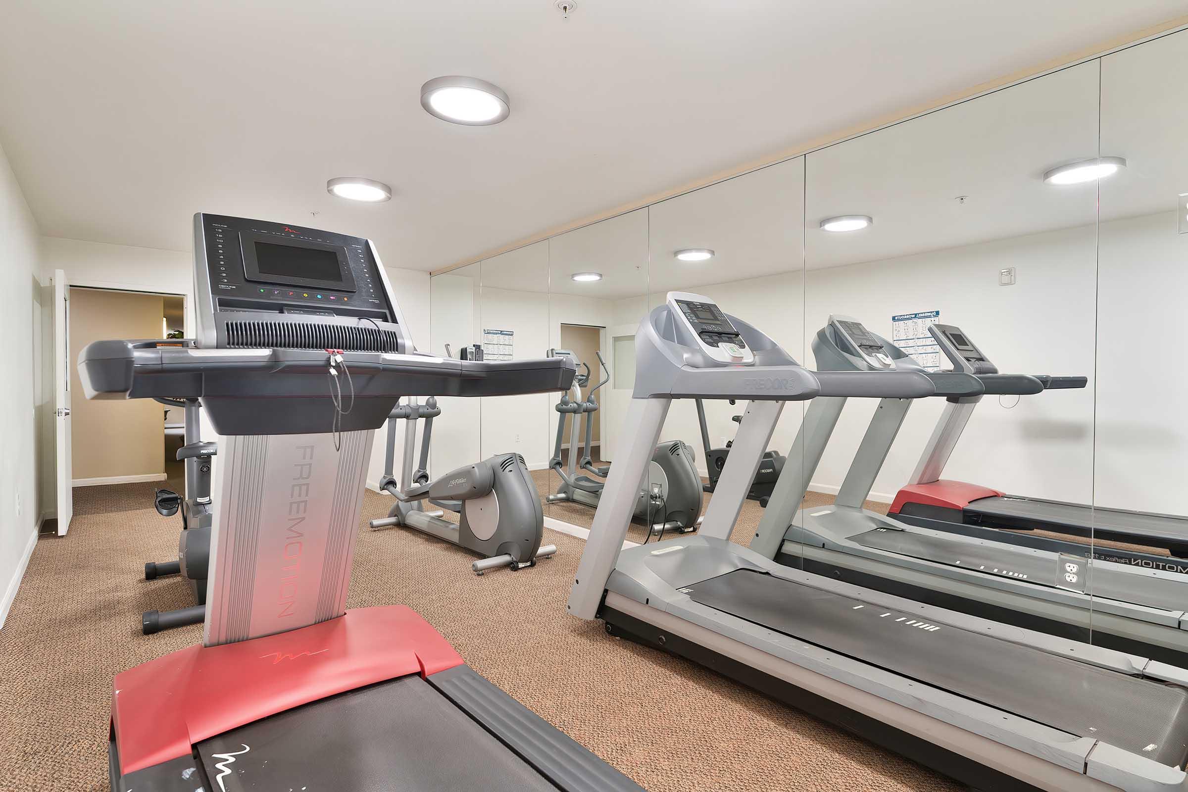 A modern fitness room featuring multiple treadmills, a stationary bike, and large mirrors on the wall. The space is well-lit, with neutral-colored walls and carpeting, creating an inviting atmosphere for exercise.