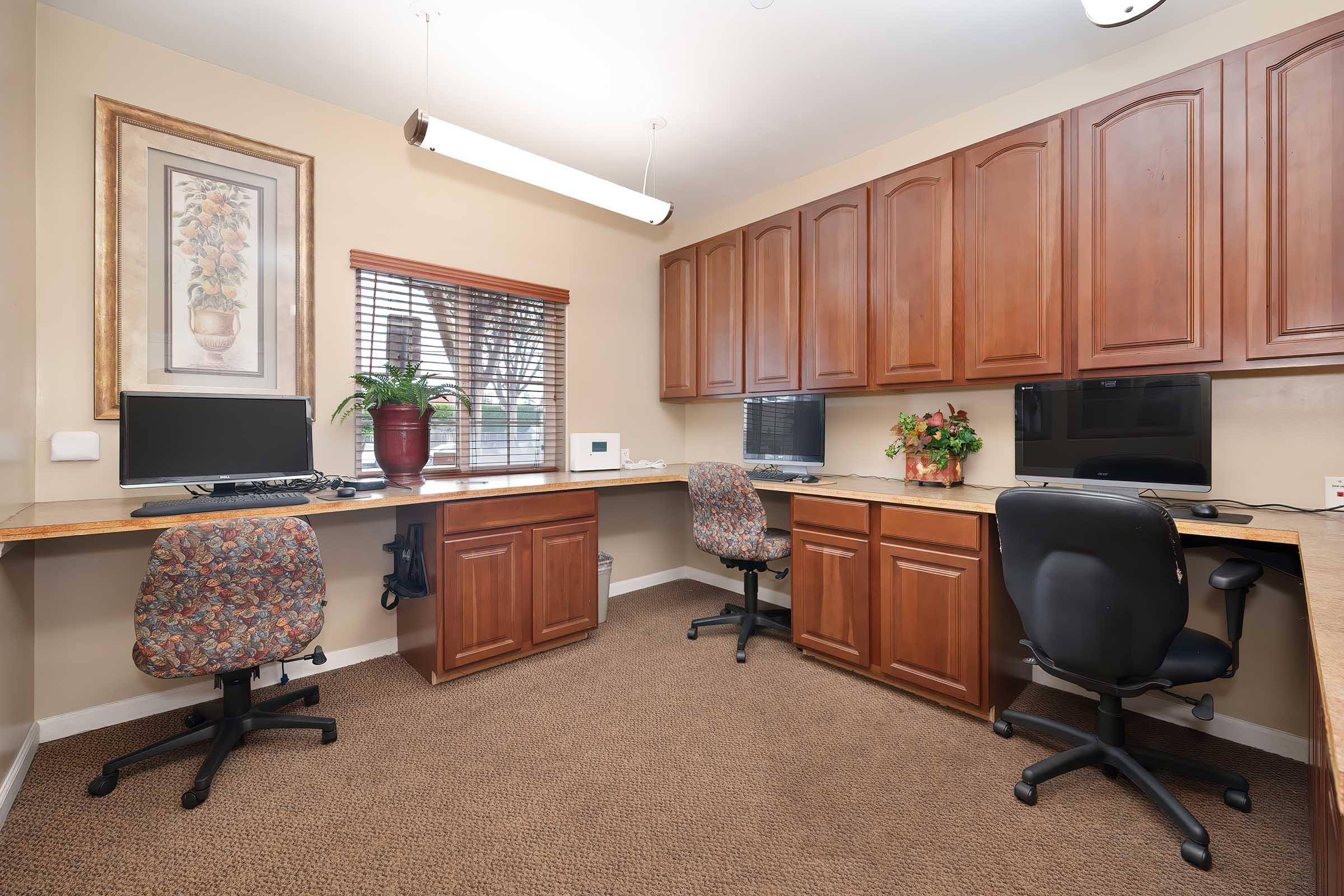 A home office space with two wooden desks, each with a computer monitor and an office chair. The room features beige walls, a window with blinds, and decorative plants. There is framed artwork on the wall and carpeted flooring, creating a warm and inviting atmosphere.