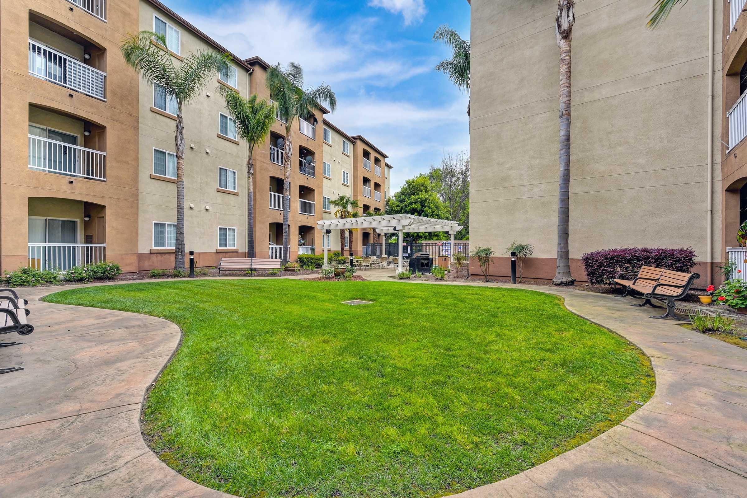 A landscaped courtyard surrounded by residential apartment buildings. The area features a manicured lawn, palm trees, and a shaded seating area with benches and a pergola. The sky is clear, adding to the pleasant atmosphere of the shared outdoor space.