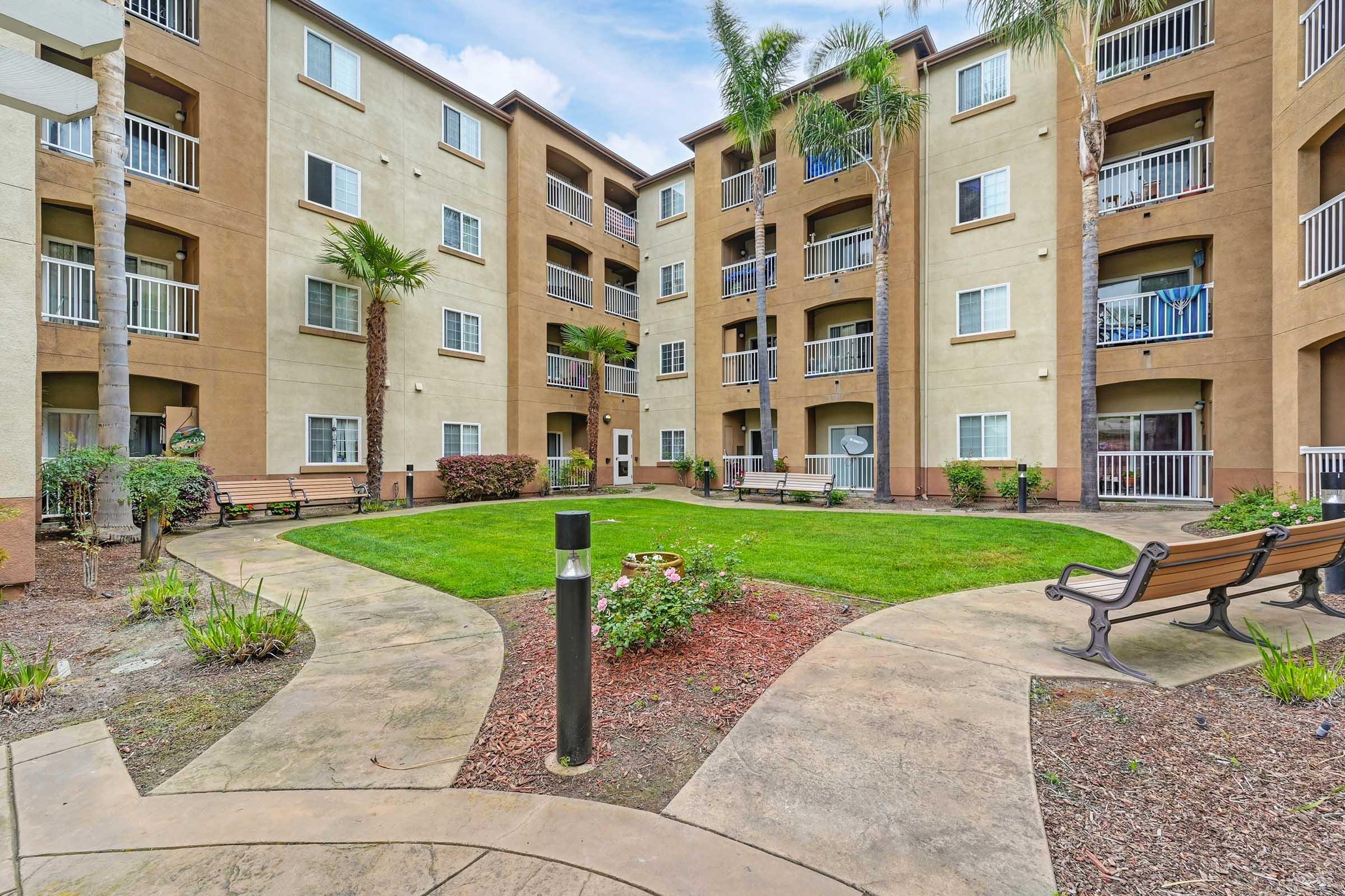 A view of a residential apartment complex courtyard featuring a grassy area surrounded by palm trees. Benches are placed along the pathways, which lead to the entrances of the surrounding buildings. The architecture is modern, with multiple stories visible under a clear blue sky.