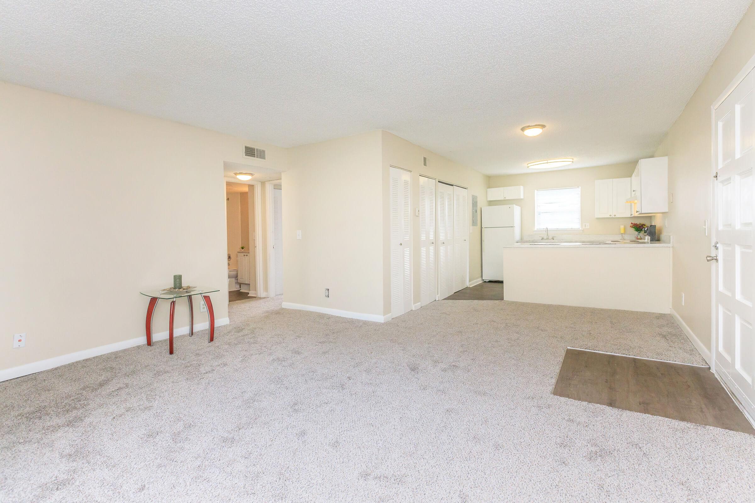 Bright and spacious living area with light beige walls and plush carpet. Features an open layout leading to a kitchen with white cabinets and appliances. Includes a small dining area and a doorway leading to a bathroom. Natural light fills the space, creating a welcoming atmosphere.