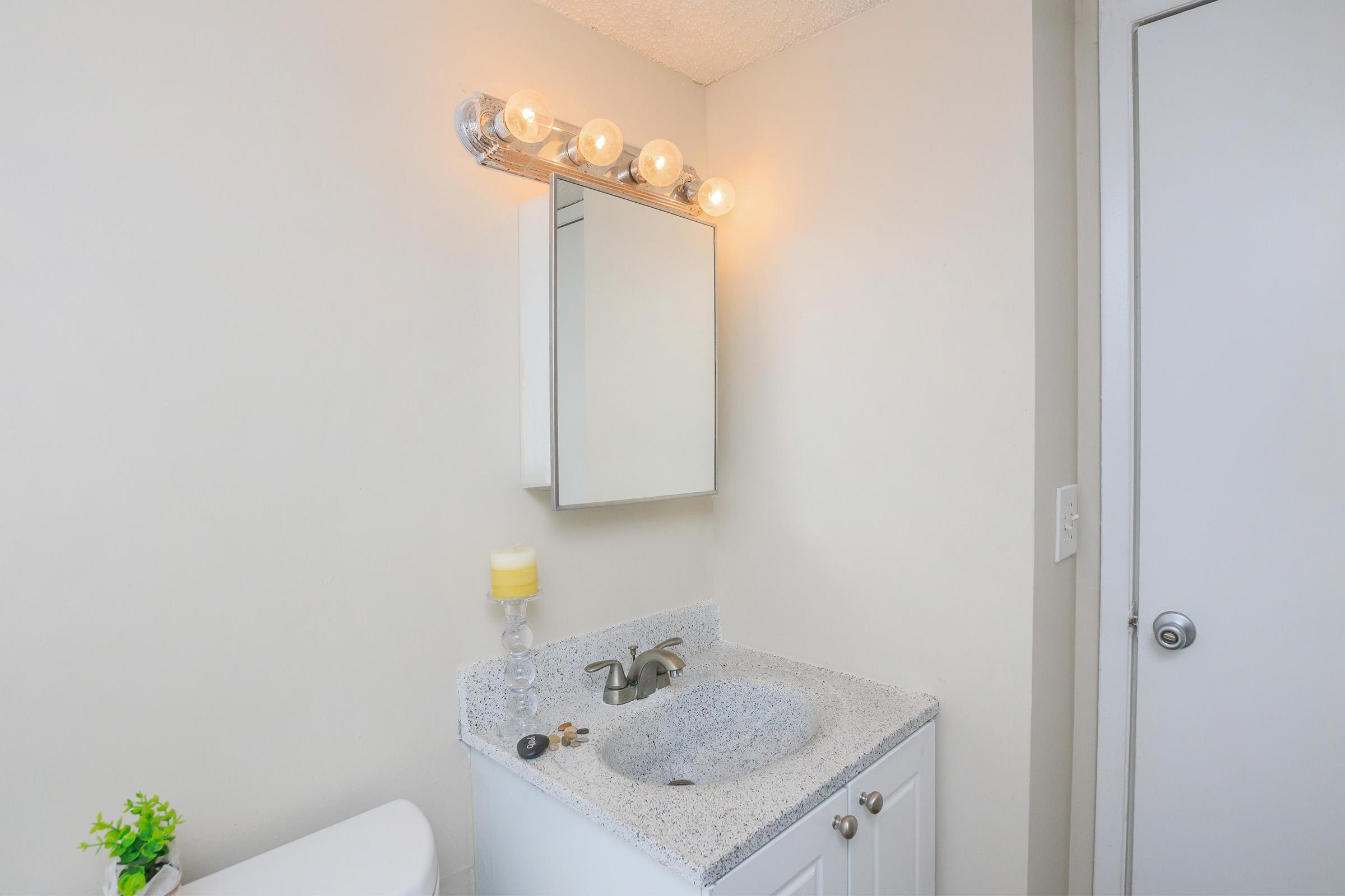 A clean and modern bathroom featuring a white vanity with a granite countertop, a mirror with overhead lighting, a small decorative plant, and a candle. The walls are painted a light color, and a closed door is visible on the right side.