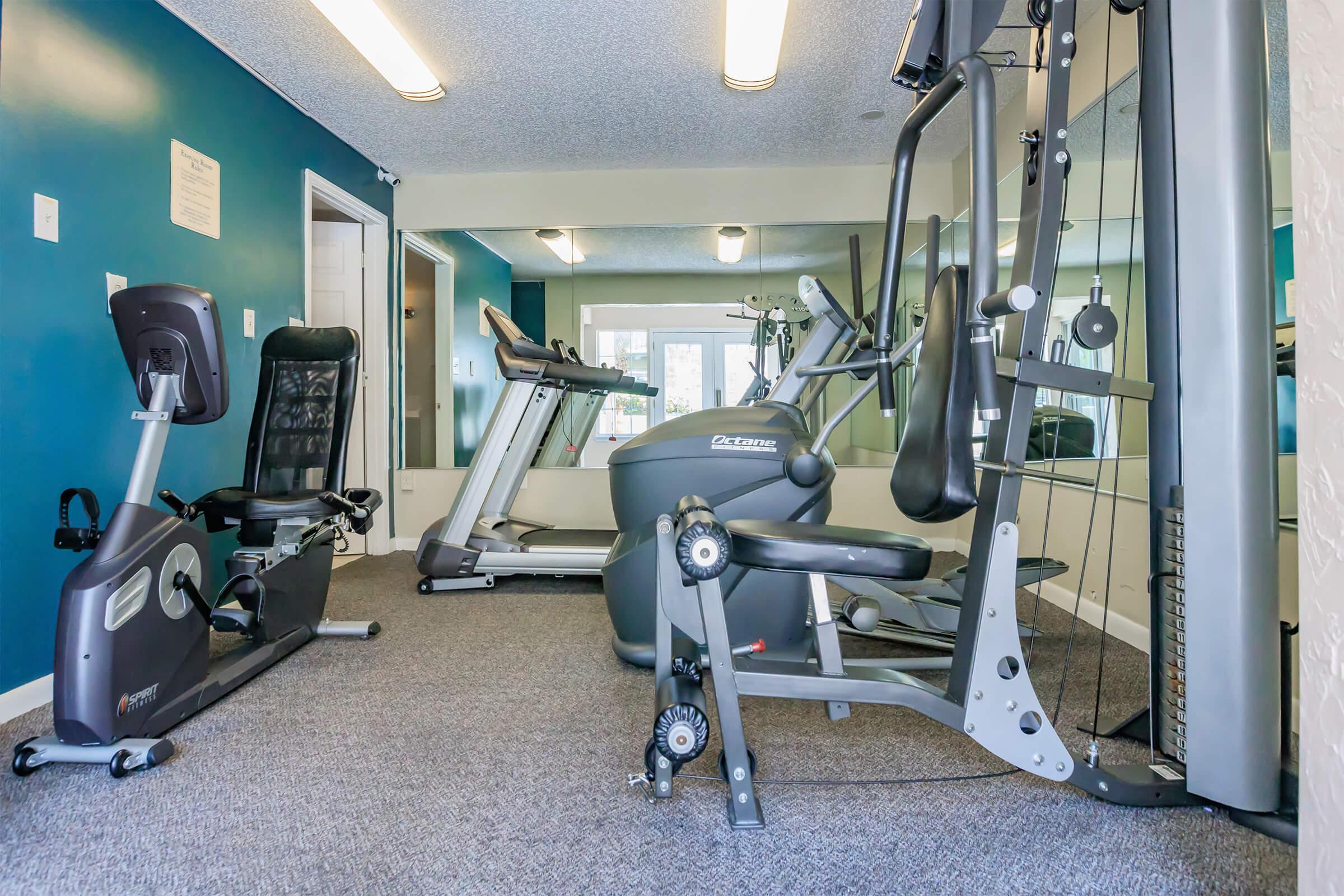 A small gym area featuring exercise equipment including a treadmill, recumbent bike, and multi-gym machine, set against a blue wall with a mirror reflecting the space. The flooring is carpeted, and there are ceiling lights illuminating the room.