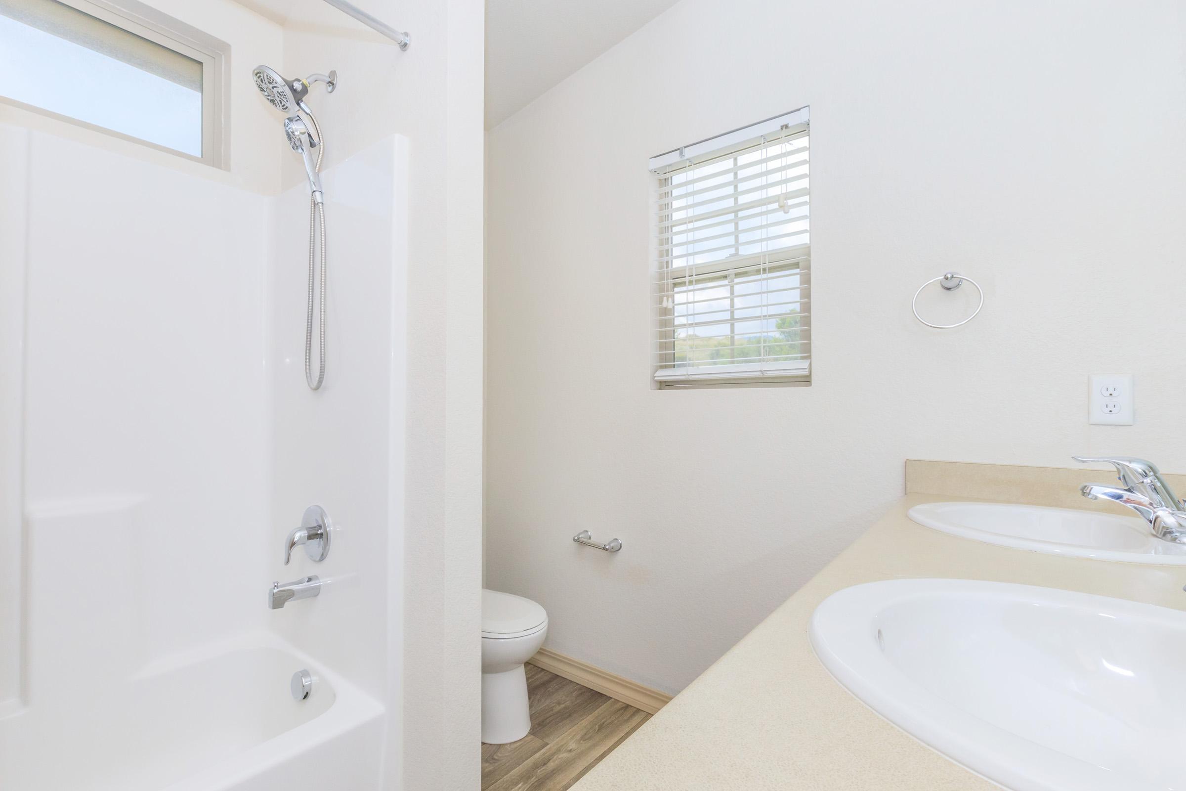 A clean, modern bathroom featuring a shower with a handheld showerhead, a bathtub, a toilet, and a double sink vanity. Natural light is entering through a small window with blinds, and the walls are painted a light color, creating a spacious and inviting atmosphere.