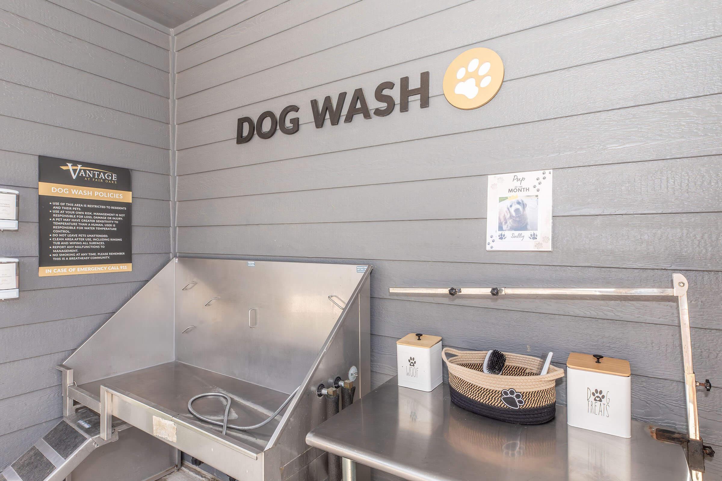 A self-service dog wash station with a stainless steel wash tub, nearby tools, and information signage. The wall features a sign that says "DOG WASH" alongside a paw print logo. The area is designed for convenient dog grooming and cleaning.