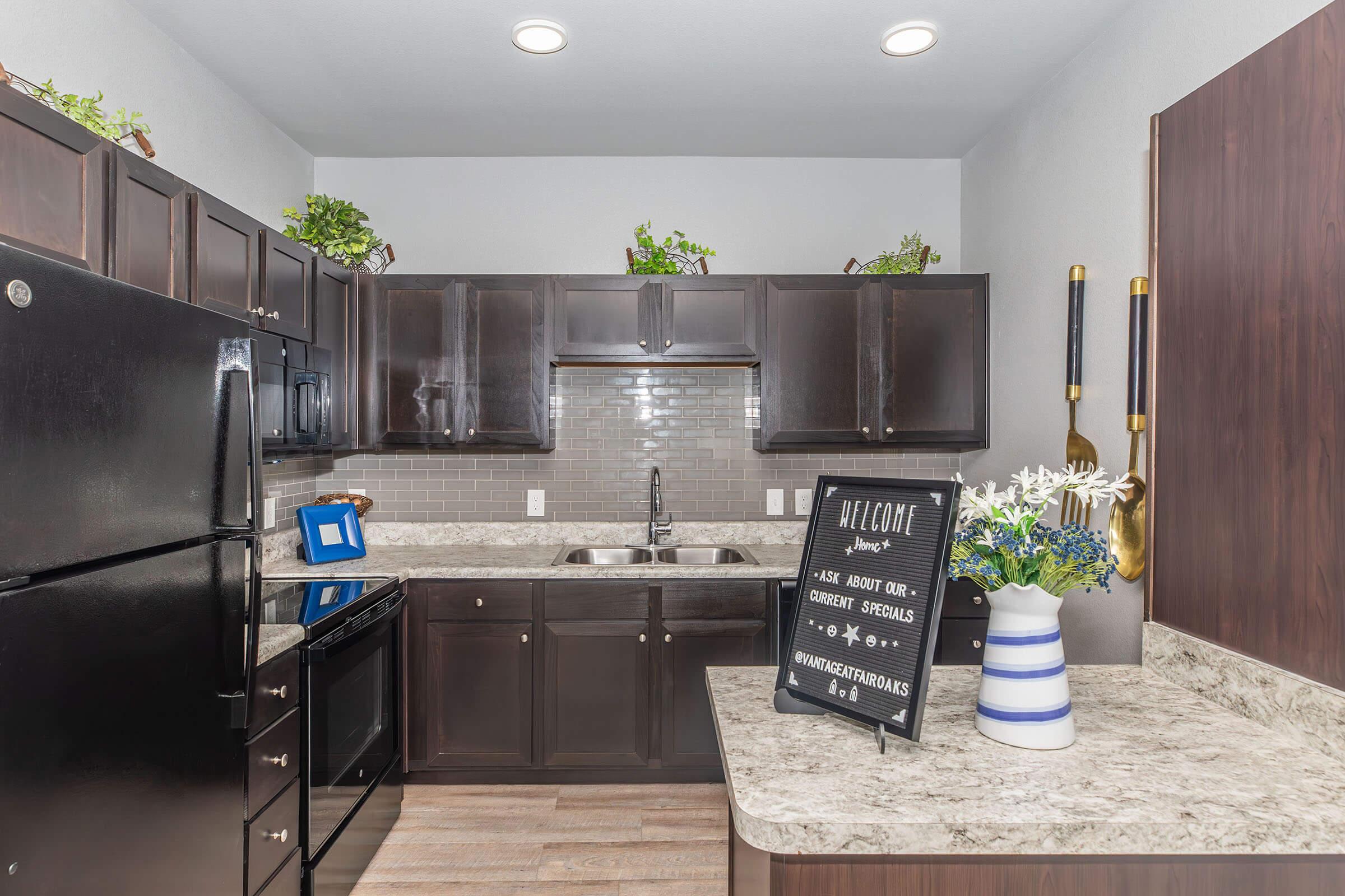 Modern kitchen featuring dark wooden cabinets, a black refrigerator, and a light granite countertop. The space includes a double sink and decorative plants on the shelves. A sign on the countertop reads "Welcome" and invites inquiries about specials, adding a welcoming touch to the kitchen.