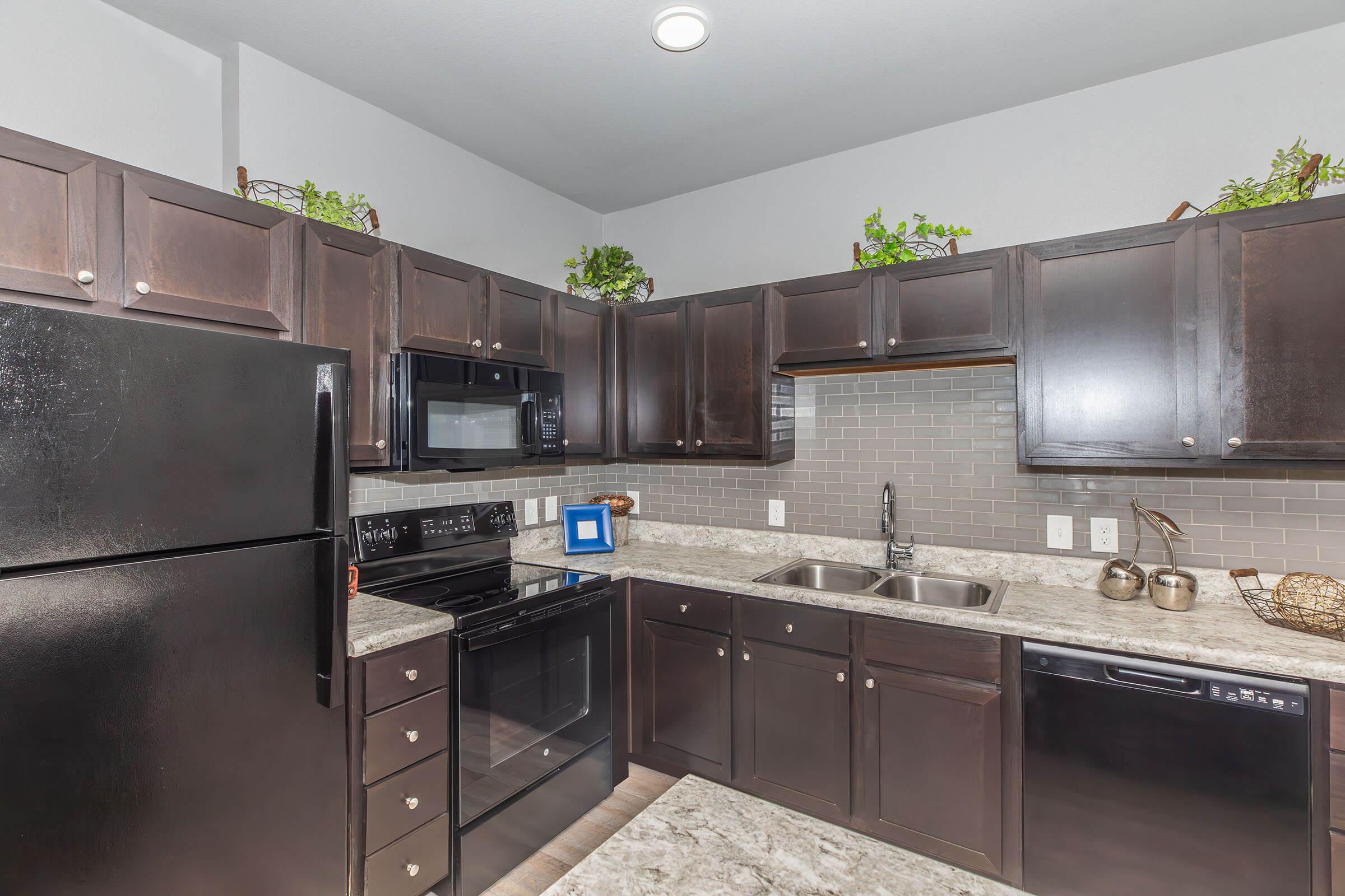 Modern kitchen featuring dark wooden cabinets, granite countertops, and stainless steel appliances. Includes a black refrigerator, microwave, and oven. The backsplash is a light gray tile, with a double sink and decorative plants on top of the cabinets. Bright overhead lighting illuminates the space.