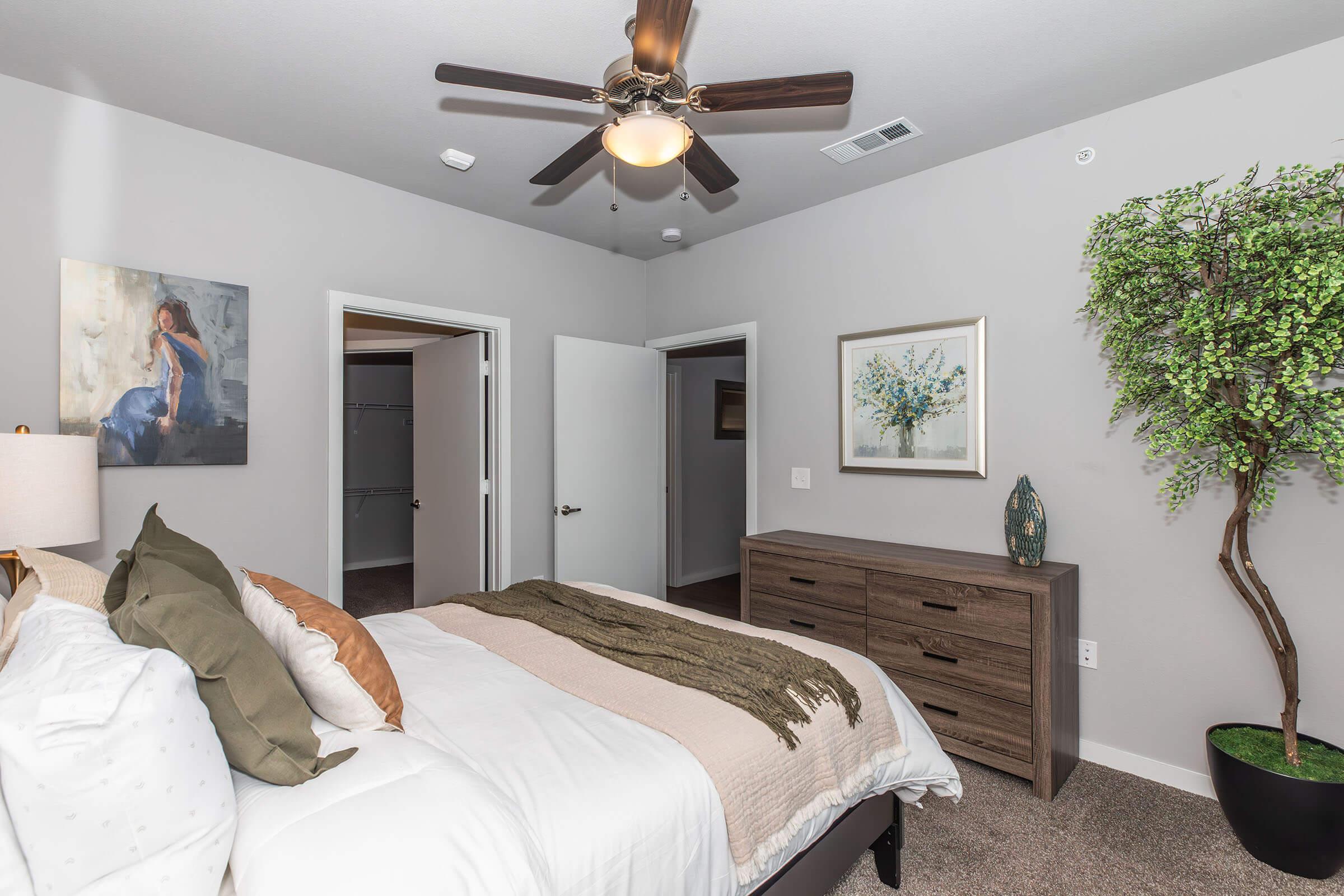 A cozy bedroom featuring a large bed with decorative pillows, a fan overhead, and a neutral gray color scheme. There is a piece of art on the wall, a wooden dresser, and a plant in the corner. Two doors lead to closets, adding to the spacious feel of the room.