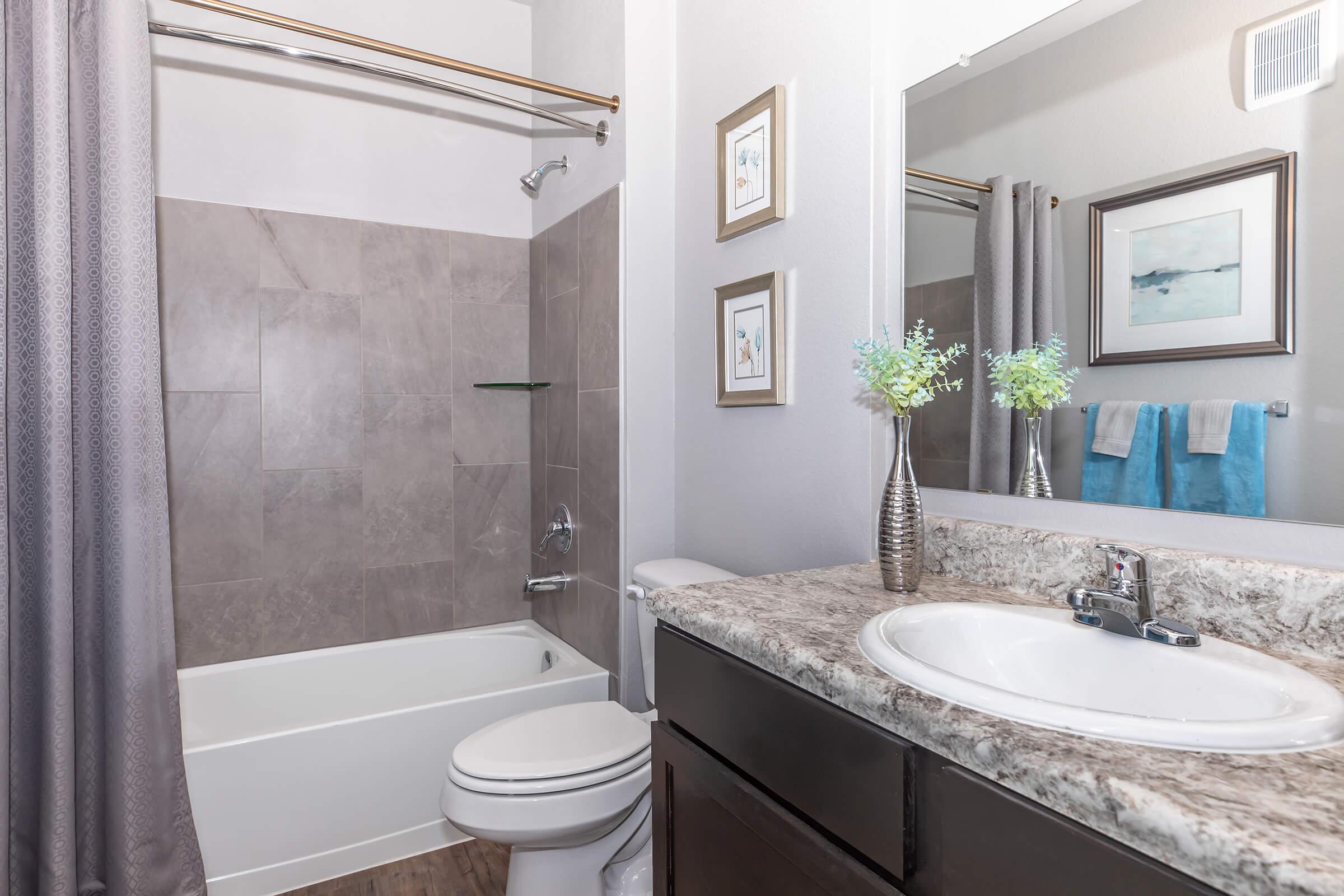 a shower that has a sink and a mirror