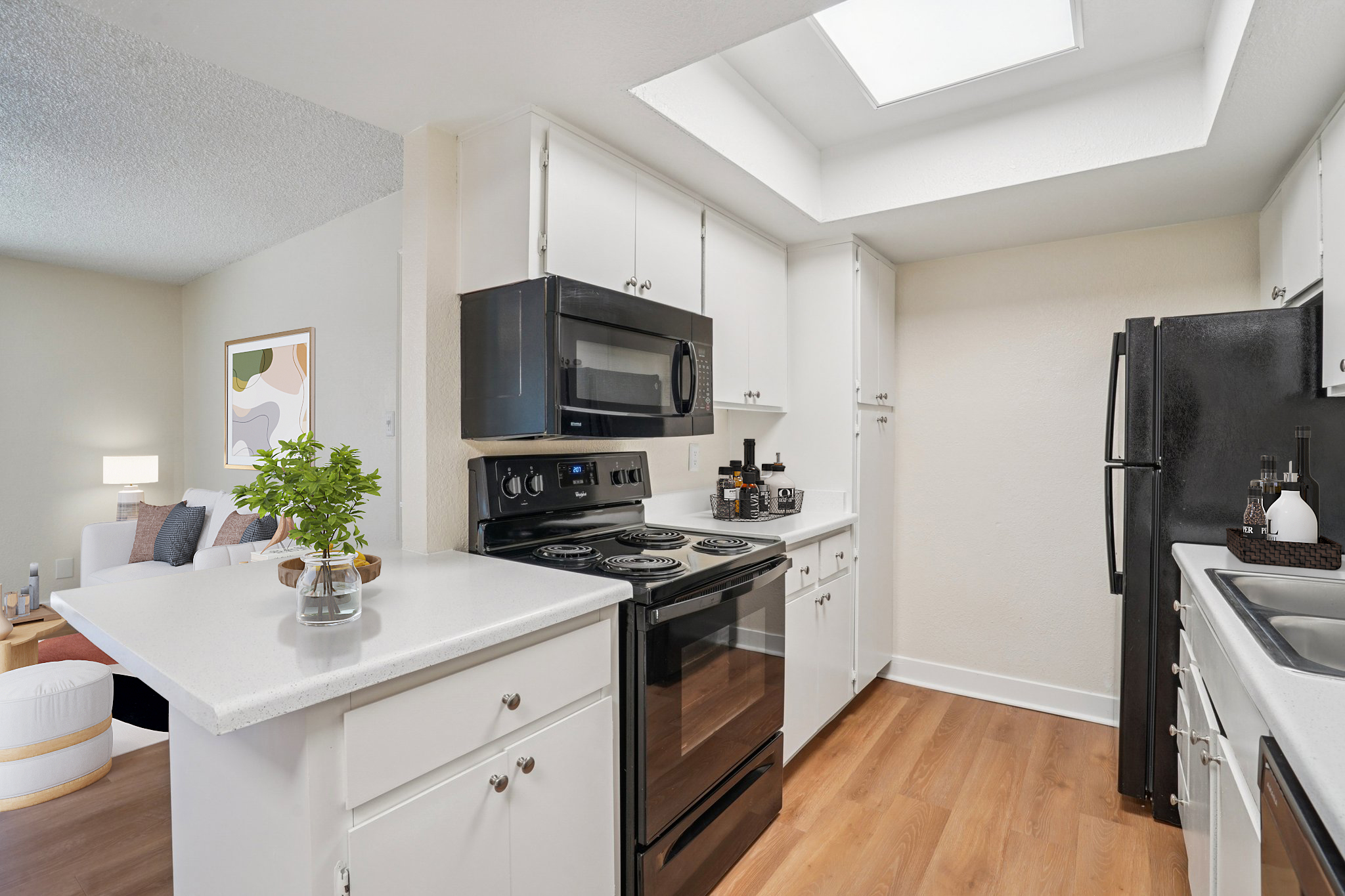 Modern kitchen featuring white cabinetry and a black stove, microwave, and refrigerator. A skylight above brightens the space, which has a clean and minimalist design. A small plant sits on the countertop, and there’s a cozy living area visible in the background.