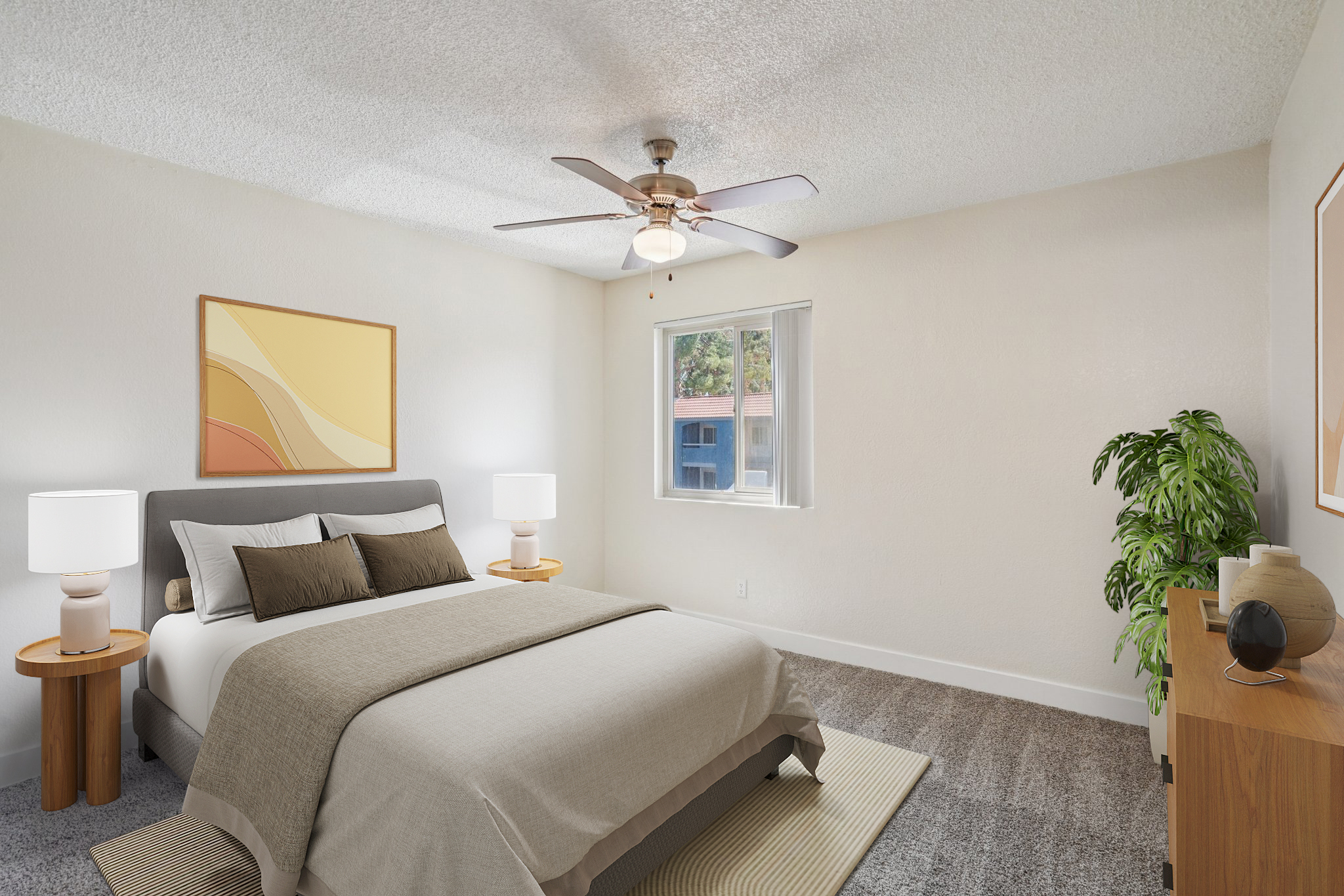 A modern bedroom featuring a comfortable bed with neutral bedding, two bedside lamps on wooden tables, a window with natural light, a potted plant, and a minimalist dresser. The walls are painted in a soft tone, and there’s a decorative abstract painting above the bed, creating a cozy and inviting atmosphere.
