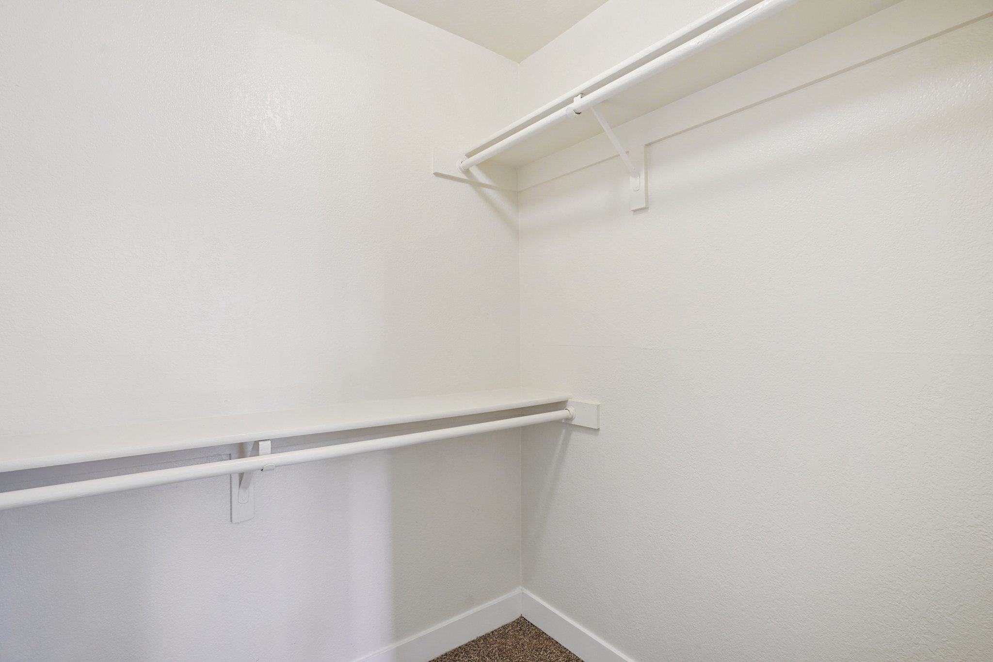 A clean and empty closet featuring white walls, a shelf, and two hanging rods. The floor is carpeted, and there are no items present, giving it a minimalistic appearance.