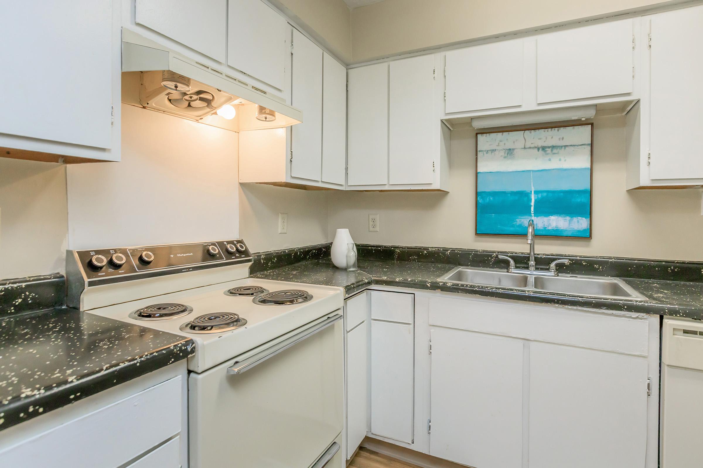 a kitchen with a stove and a sink