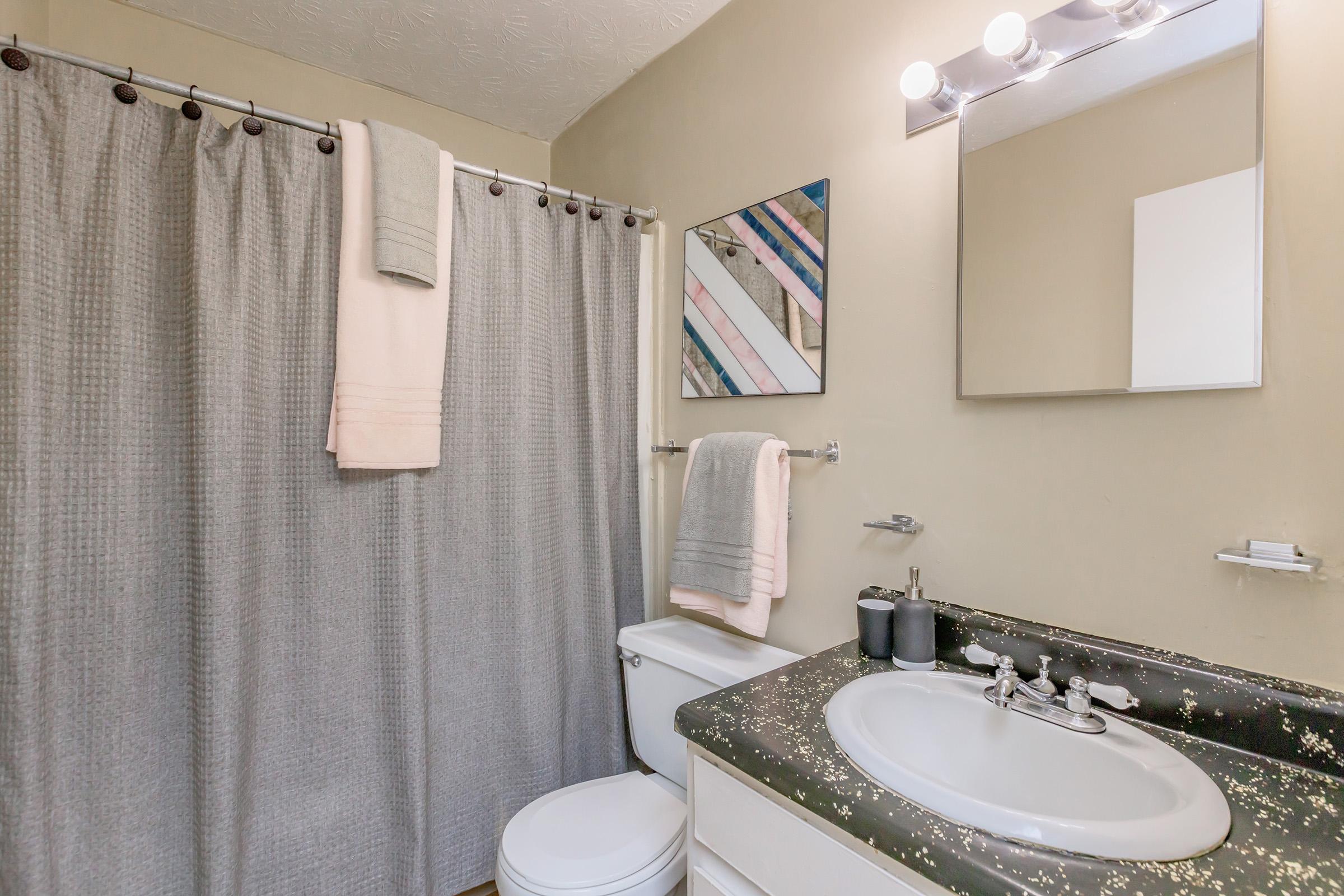 a shower curtain next to a sink