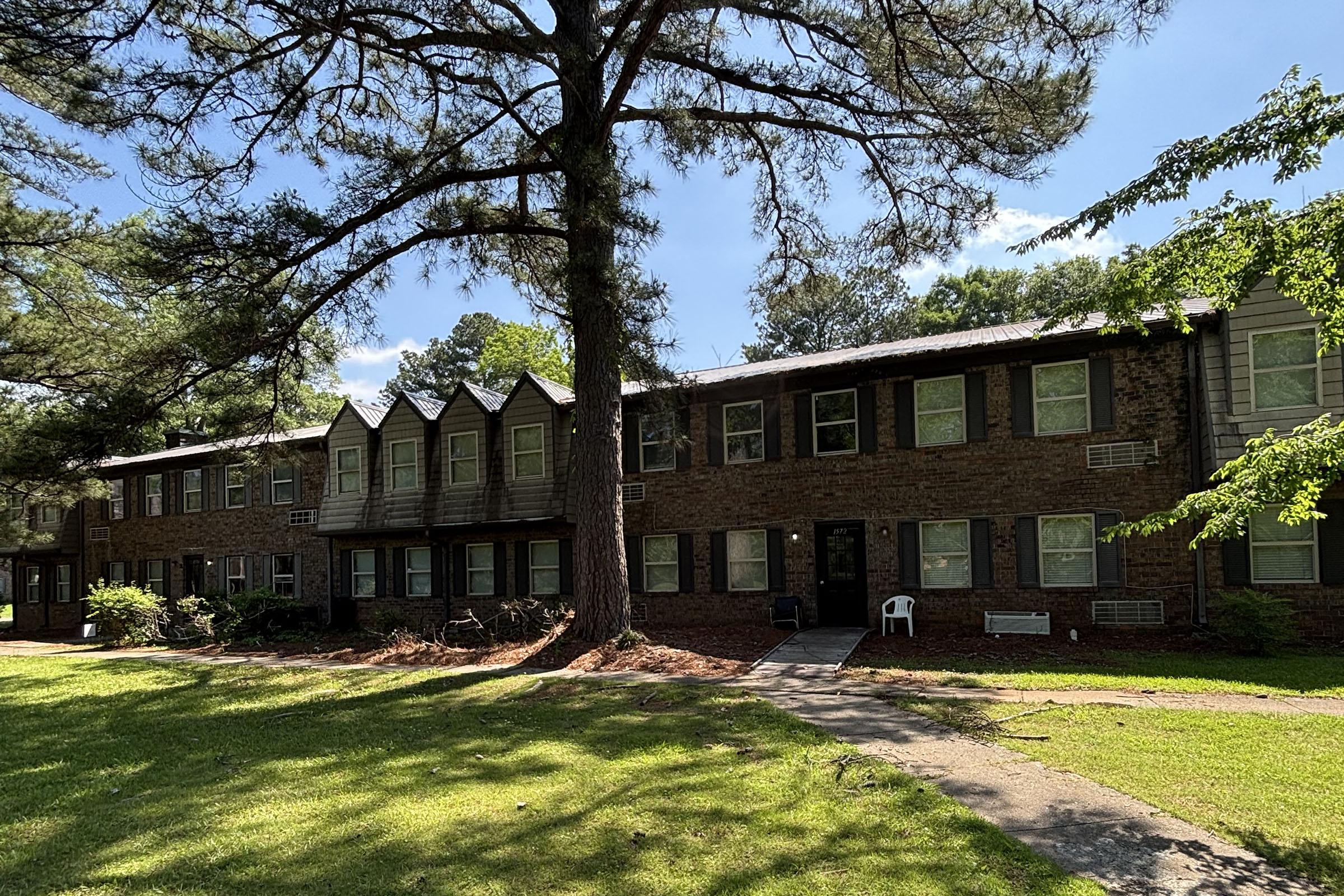 Row of brick apartment buildings with multiple windows, surrounded by green grass and trees. A large pine tree stands prominently in the foreground, providing shade. The scene is bright and sunny, with clear blue skies and a well-maintained pathway leading to the entrance of the buildings.