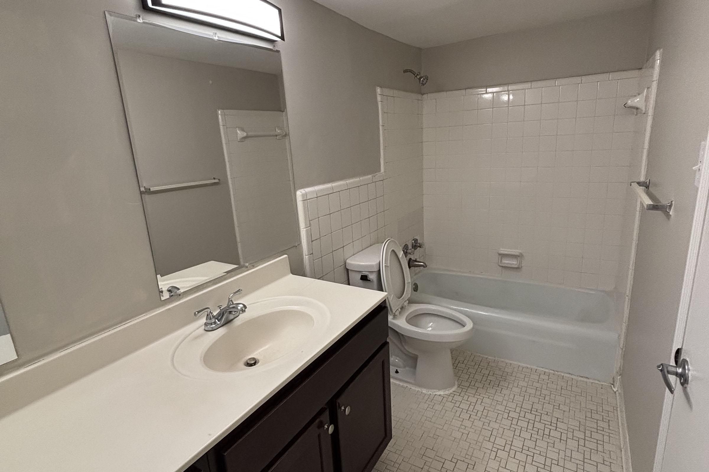 A clean, modern bathroom with a white tiled shower and bathtub, a single sink with a vanity below, a large mirror above the sink, and a toilet. The walls are painted in a light gray color, and the floor features small tiled squares. The overall space is well-lit and organized.