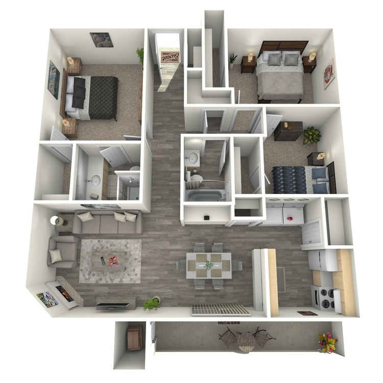Unit E, a 3 bedroom 2 bathroom floor plan.