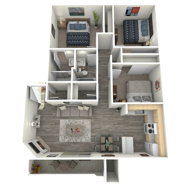 Unit D, a 3 bedroom 2 bathroom floor plan.