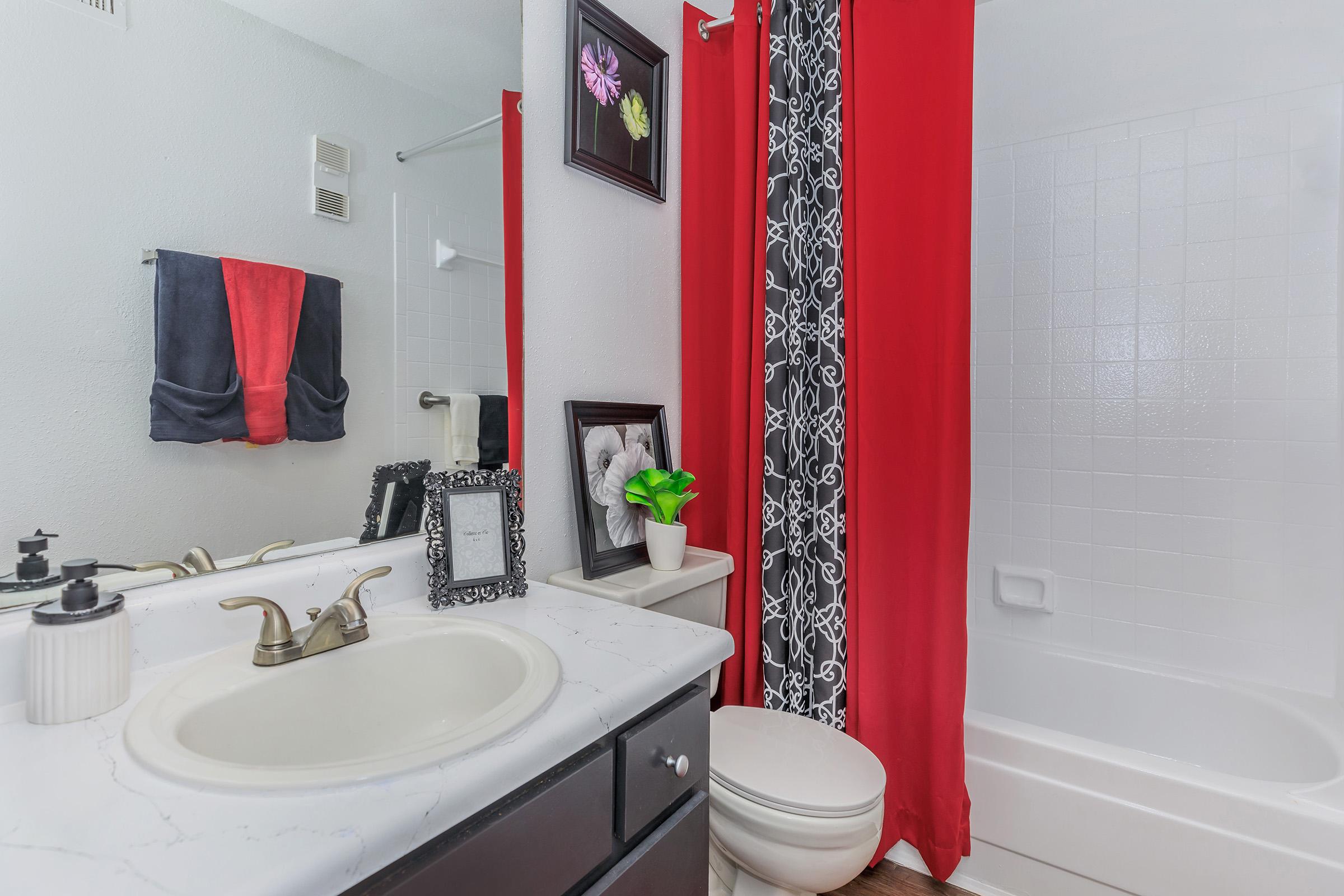 A well-lit bathroom featuring a white sink and a toilet. The space includes a bathtub with a white shower curtain, red and black decorative elements, and a framed picture on the countertop. A small green plant adds a touch of greenery. The overall decor is modern and clean.