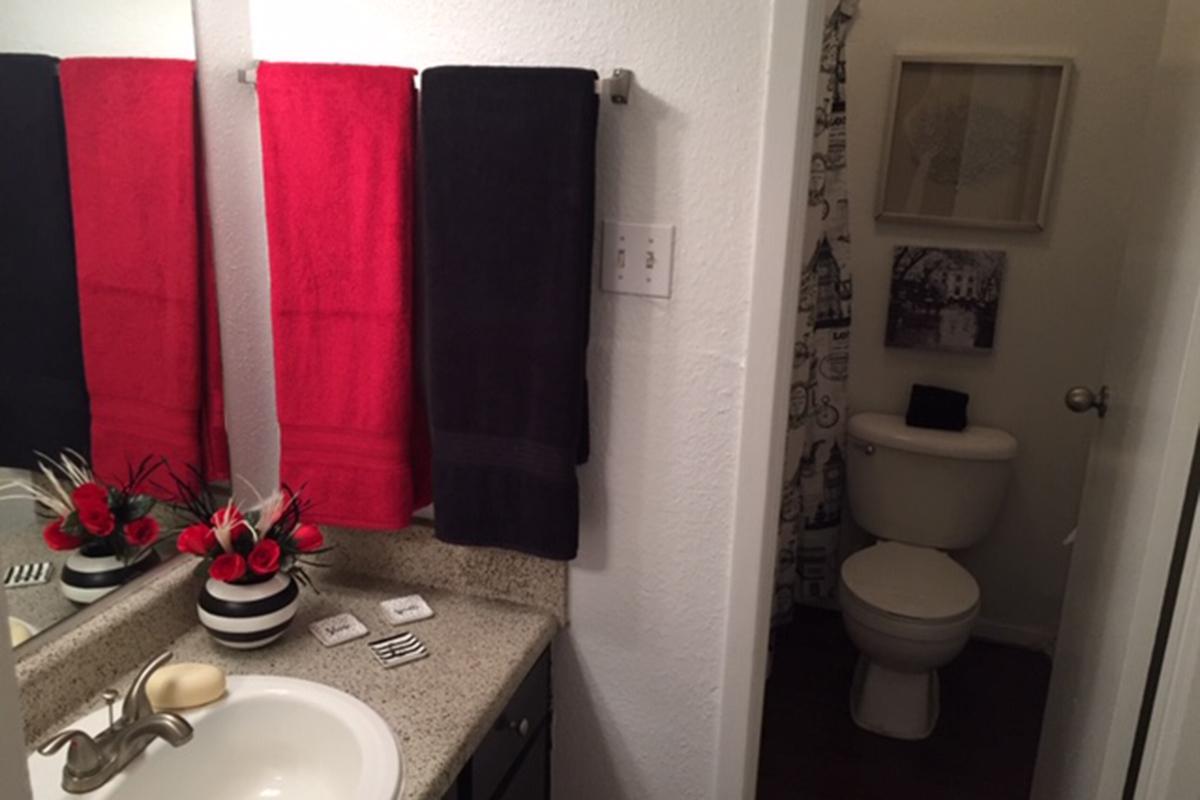 a red and white shower curtain