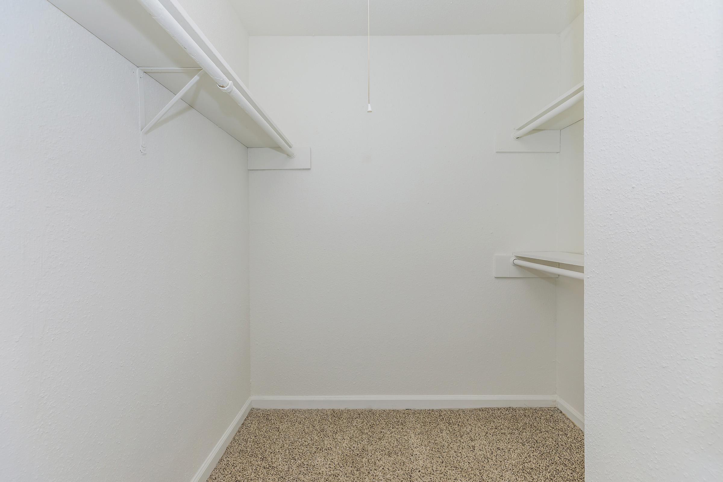 Empty walk-in closet featuring two shelves on opposite walls and carpeted flooring. The walls are painted white, and there is a ceiling light fixture with a pull cord. The space is uncluttered and bright, creating a simple and open atmosphere.