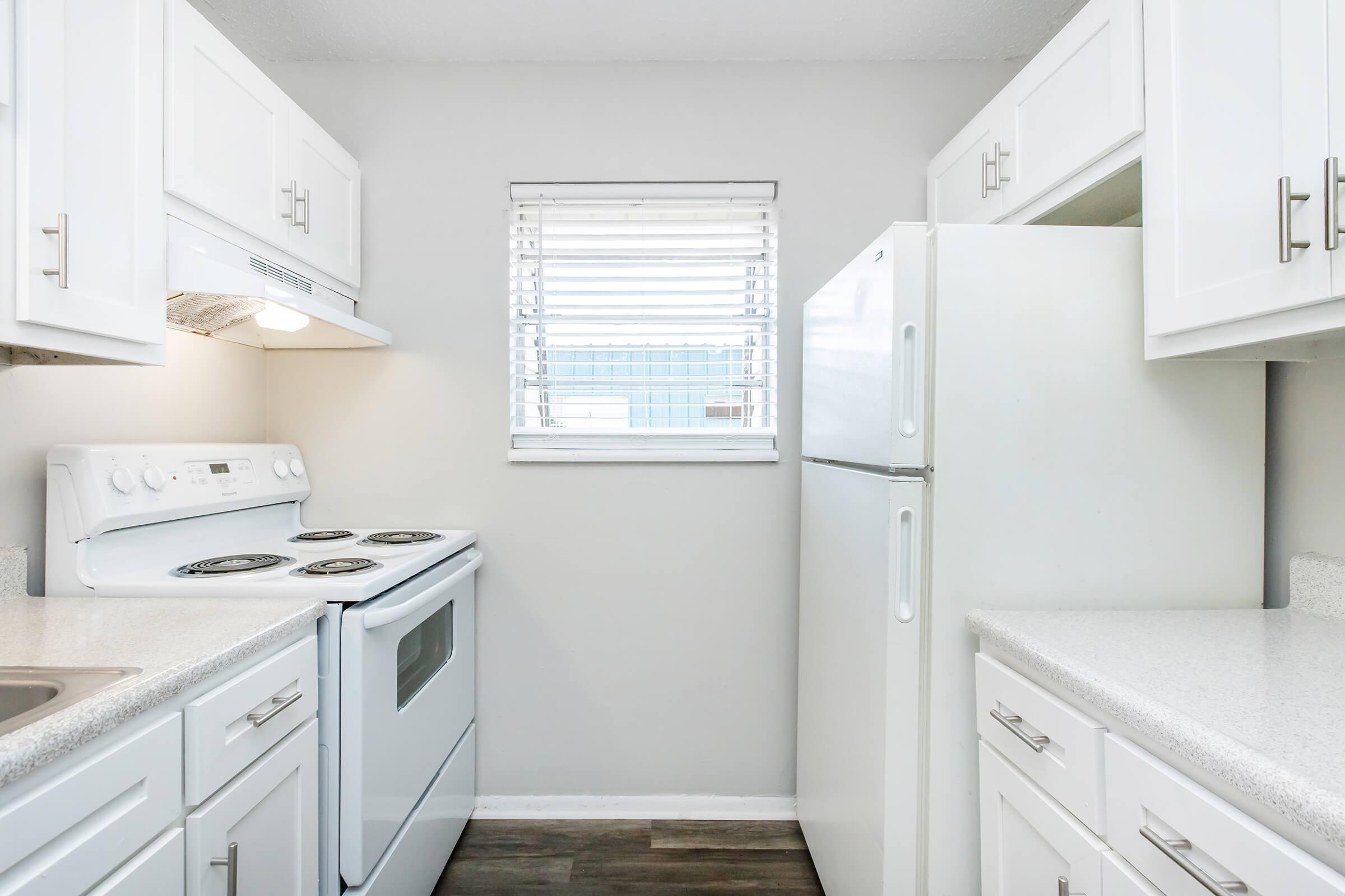 a kitchen with a stove sink and refrigerator