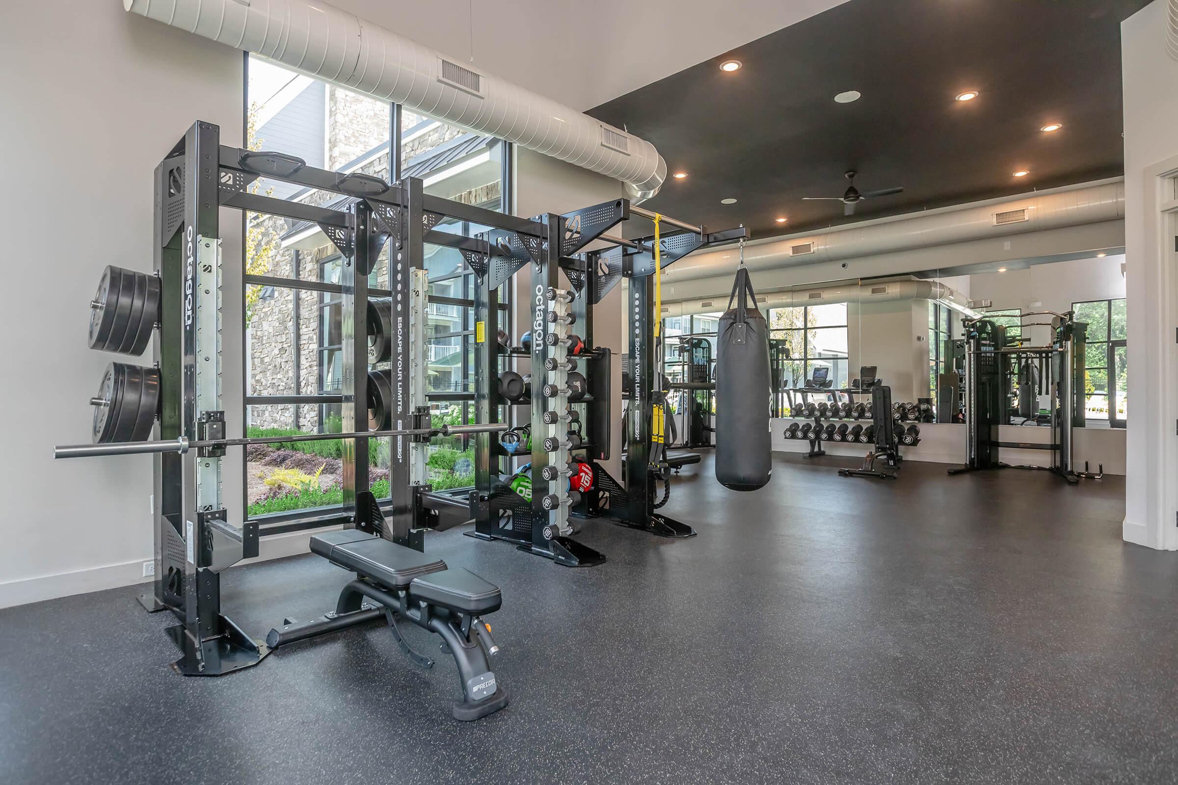 A modern gym interior featuring a weight lifting area with a squat rack, benches, dumbbells, and a punching bag. The space has large windows allowing natural light and is equipped with various fitness machines. The flooring is black rubber, and there are exercise mats in the corner.