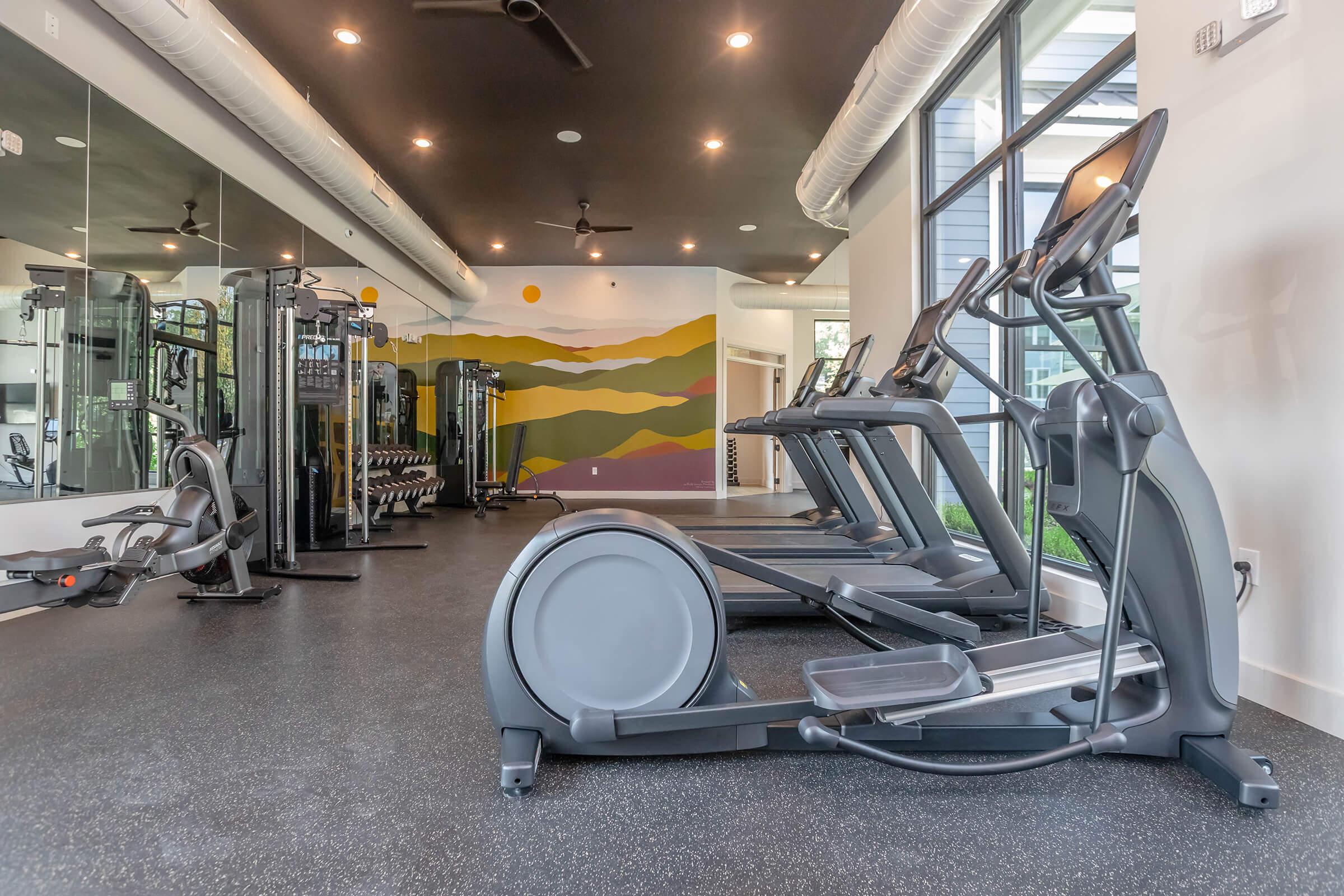 A modern gym interior featuring various cardio machines, including treadmills and an elliptical trainer, arranged on a rubber floor. The gym has large windows providing natural light, mirrors on the walls, and a decorative mural in shades of green and yellow. The environment is bright and inviting for fitness activities.