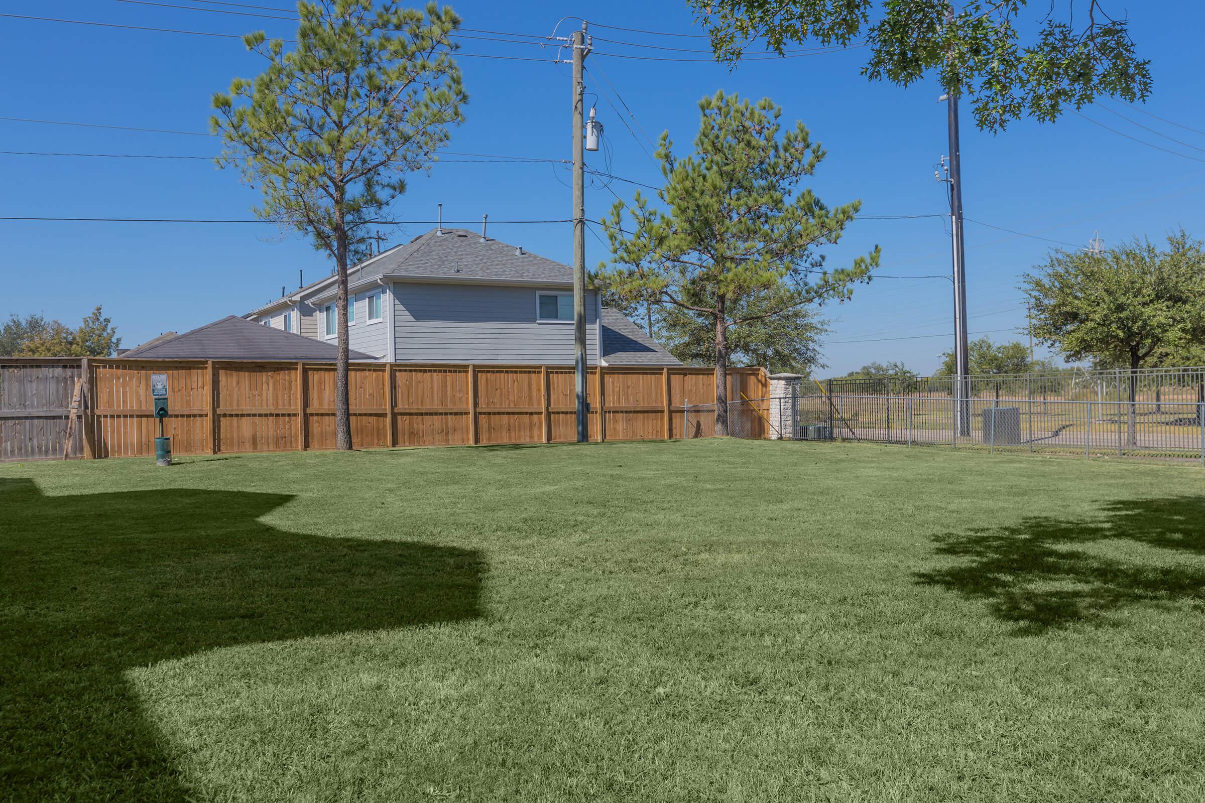 a large green field with trees in the back yard