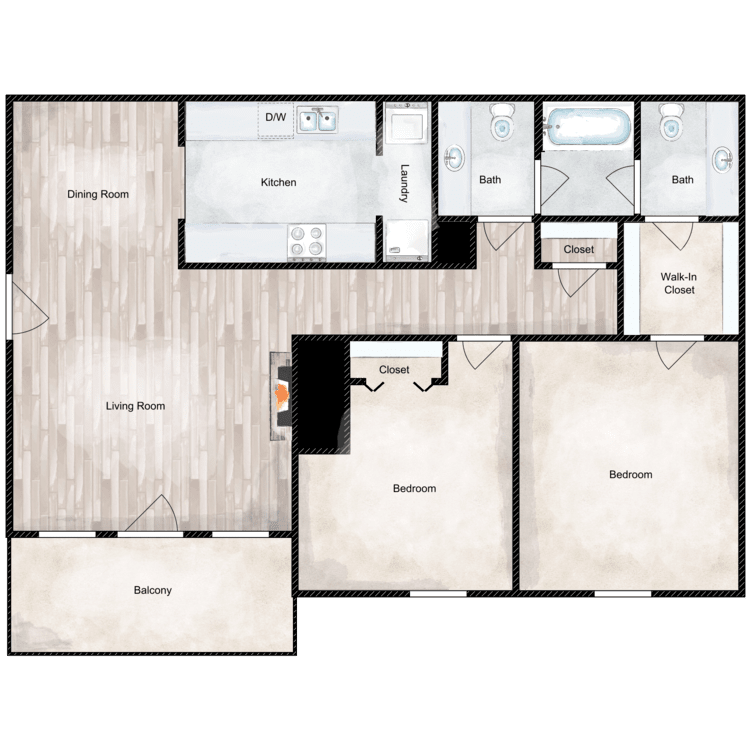 Floor plan image of 2 Bed 1.5 Bath Garden
