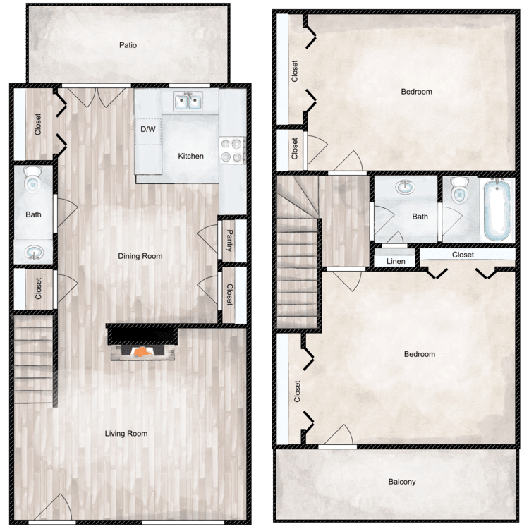 Floor plan image of 2 Bed 1.5 Bath Townhome