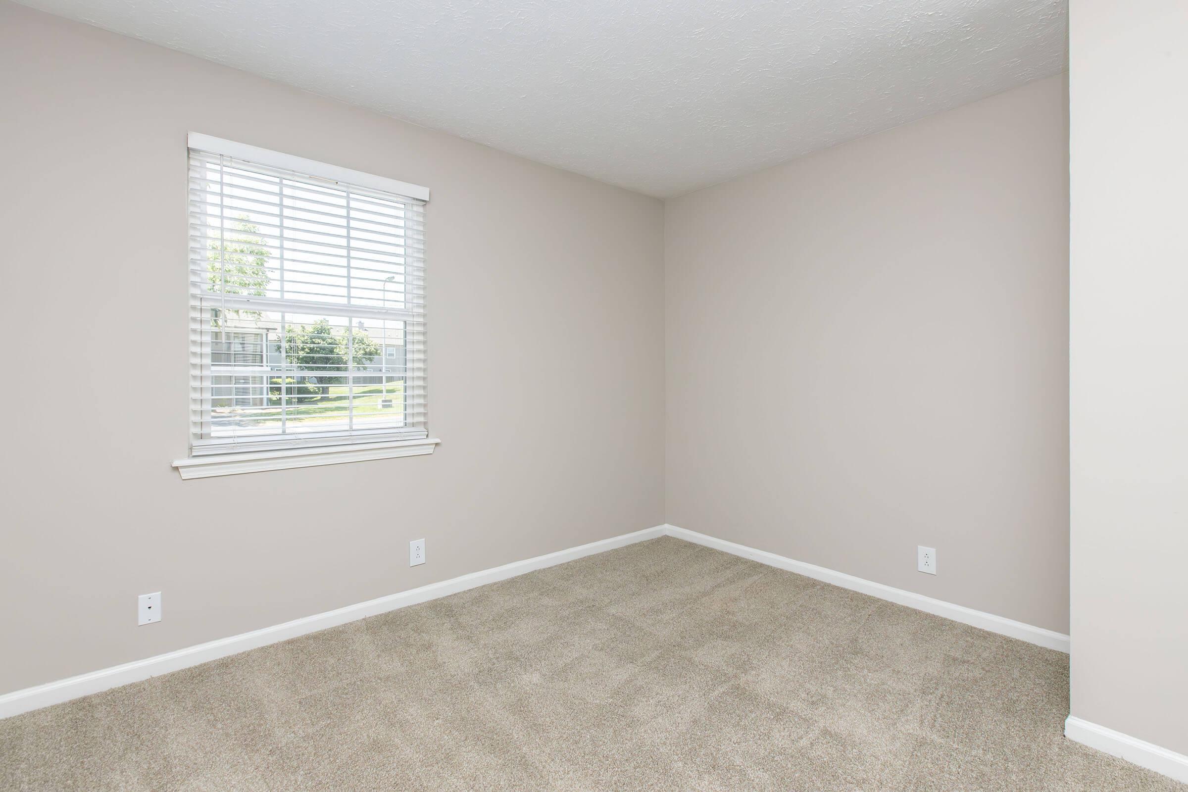 Empty room with beige walls and a light carpet. A window with white blinds allows natural light to enter, illuminating the space. The room features a couple of electrical outlets and baseboards, with no furniture present, creating a clean and minimalist look.